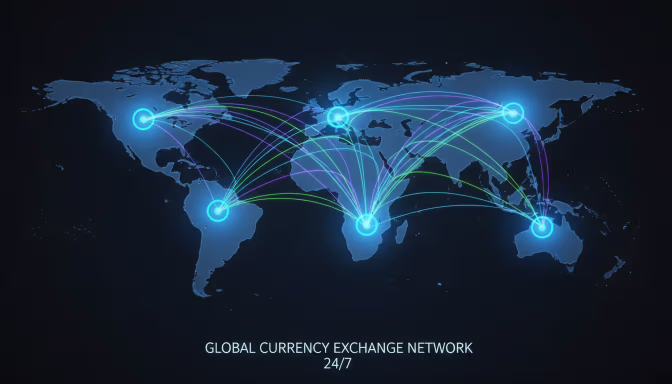 Digital world map showing glowing connection lines between major forex trading hubs London New York Tokyo Singapore and Sydney on dark background