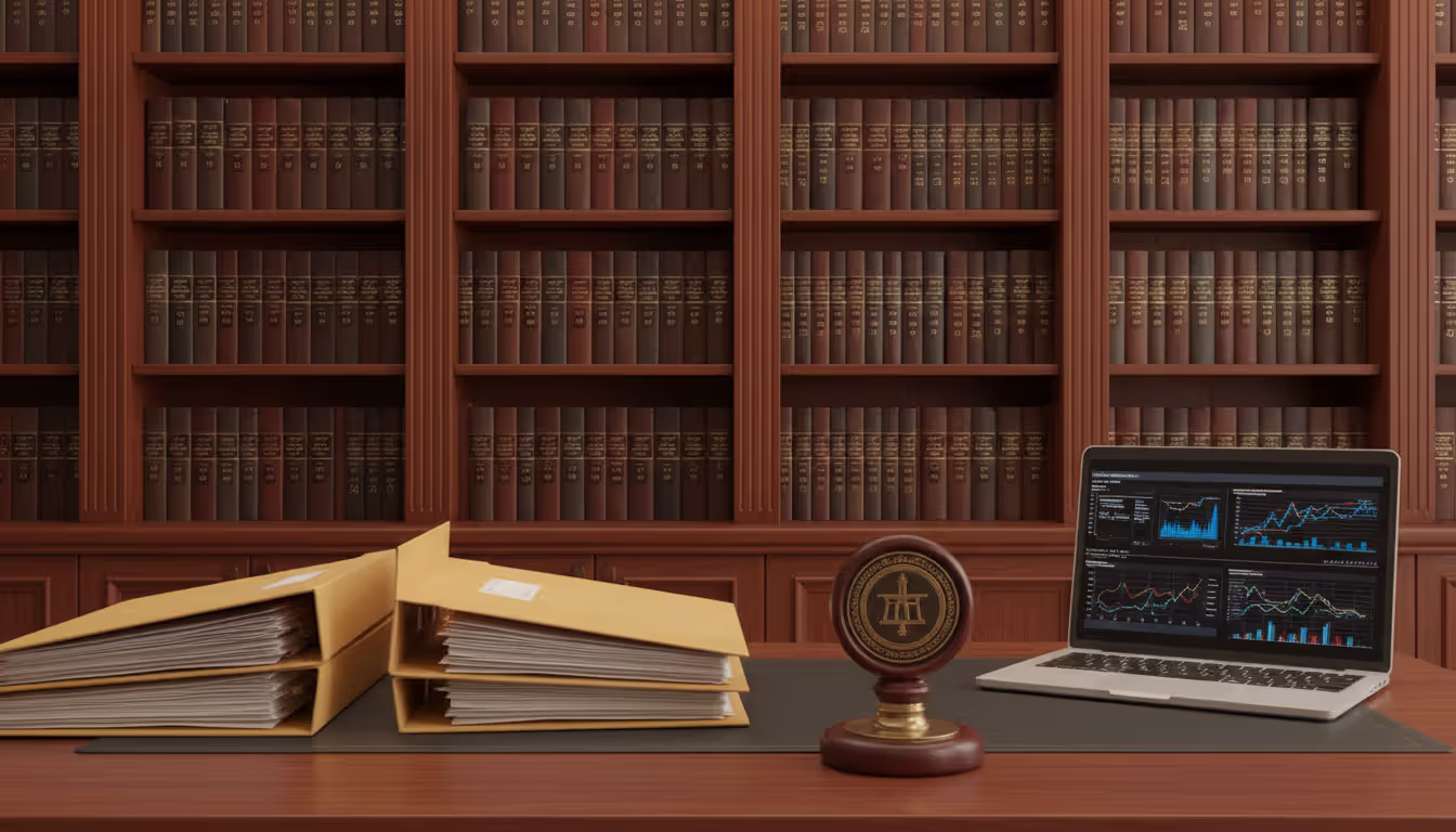 Professional government regulator office desk with open compliance documents laptop showing financial charts and legal books on shelves in background
