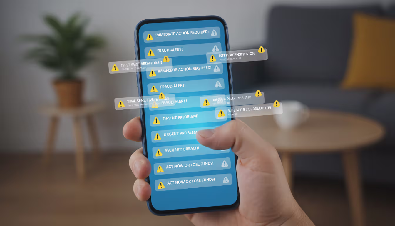 Close-up of smartphone screen showing multiple aggressive notification alerts with warning triangle icons held by a tense hand against dark blurred home interior