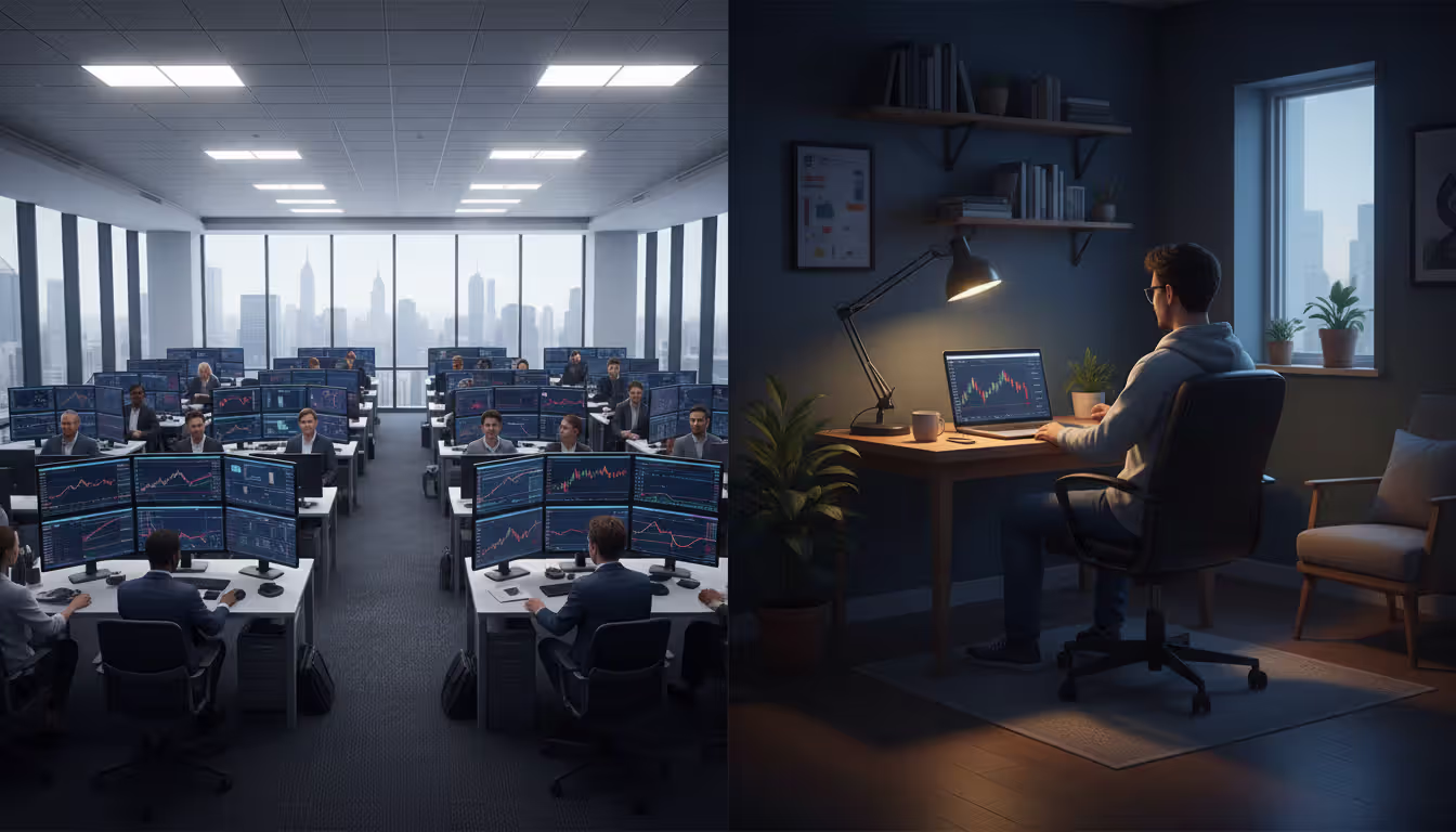 Split image comparing professional institutional trading floor with team of analysts versus solo retail trader working alone on a laptop at home