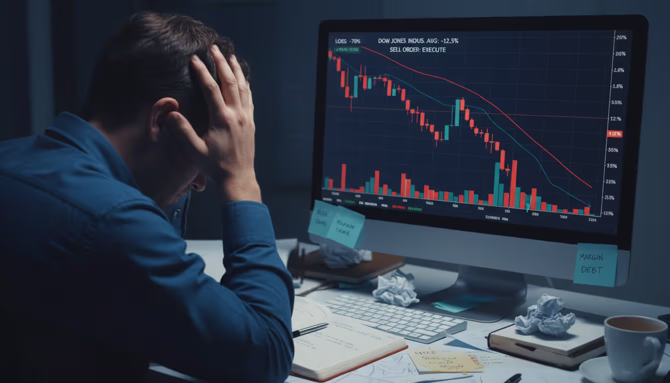 Stressed forex trader holding head in hands while looking at a screen displaying a sharp downward red price chart