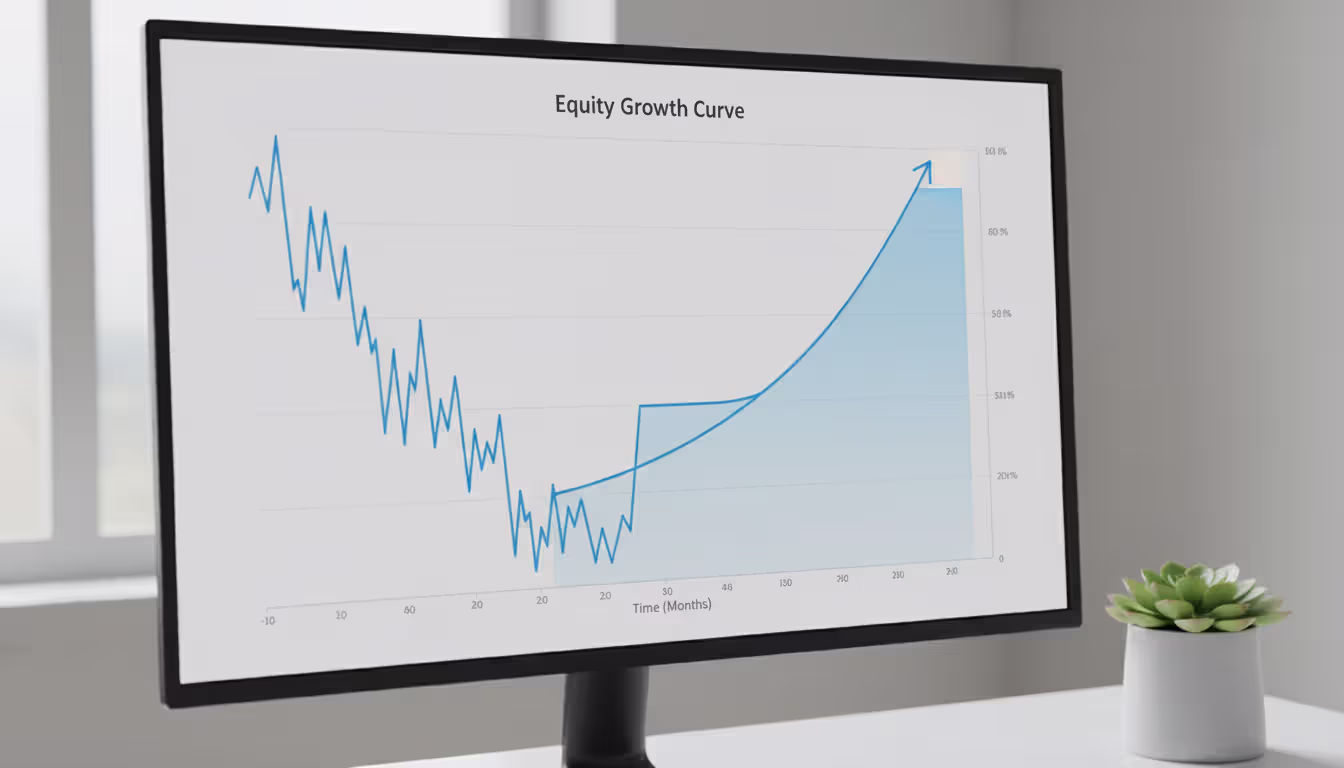 Monitor displaying an equity curve chart showing initial losses then gradual steady growth over time with a small potted plant nearby symbolizing patience