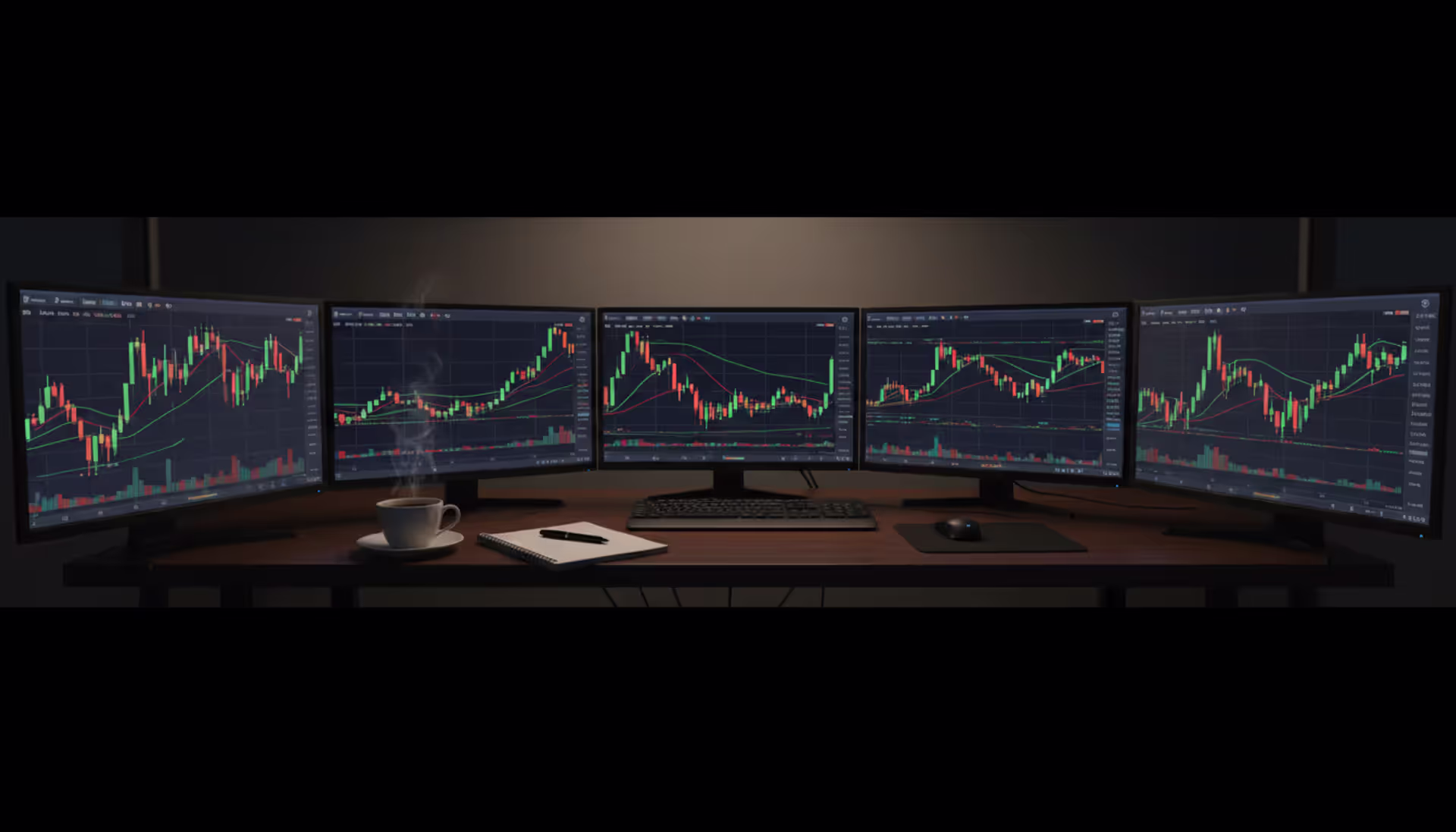 Forex trader workspace with multiple monitors showing candlestick currency charts in a dimly lit home office