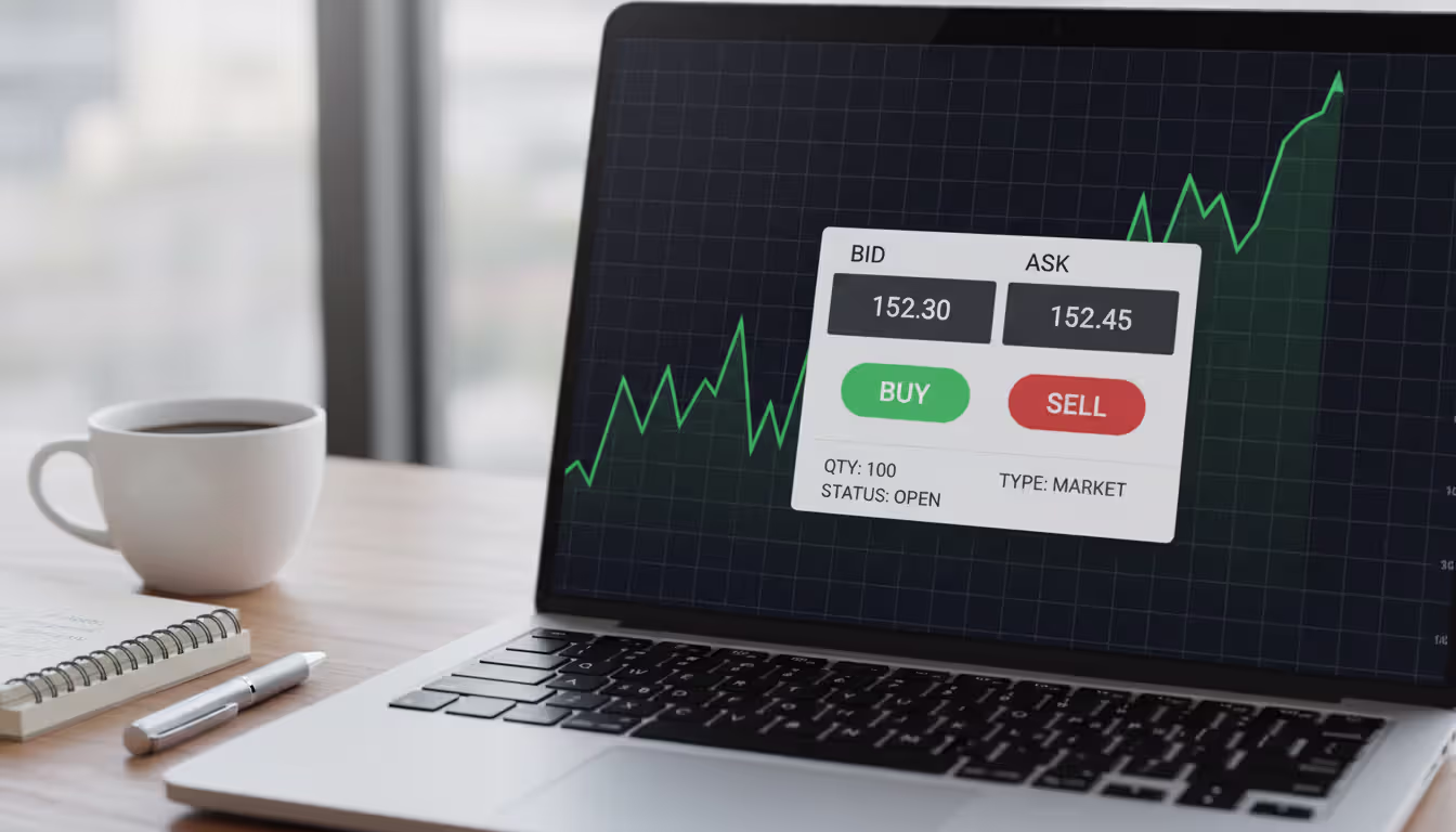Laptop screen showing a trading platform interface with buy and sell buttons, bid-ask prices, and an uptrending index chart, with a coffee cup nearby