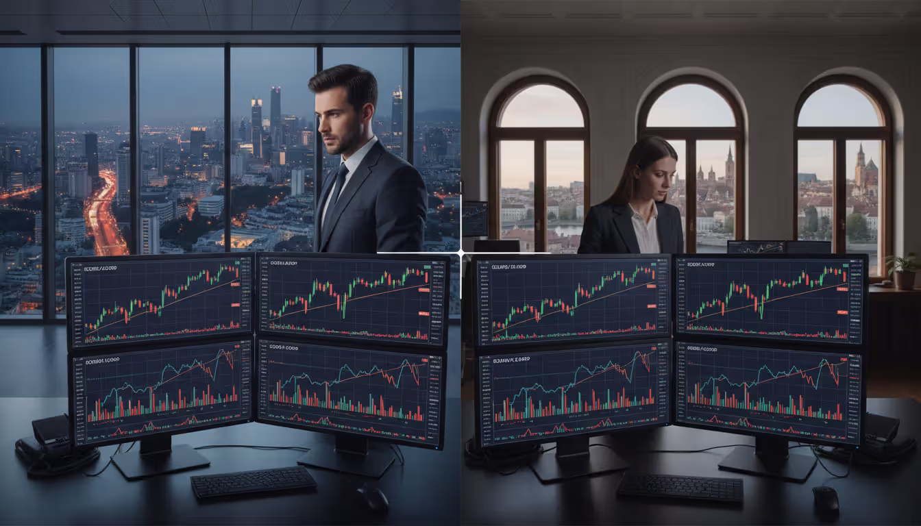 Split view of two forex traders in Asian and European offices looking at identical currency pair charts on their monitors