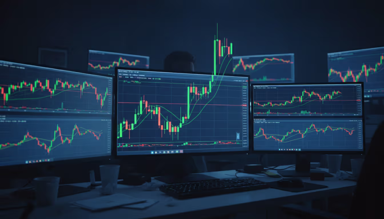 Multiple trading monitors showing sharp candlestick price movements during economic news release in a dark room with blue and green screen glow