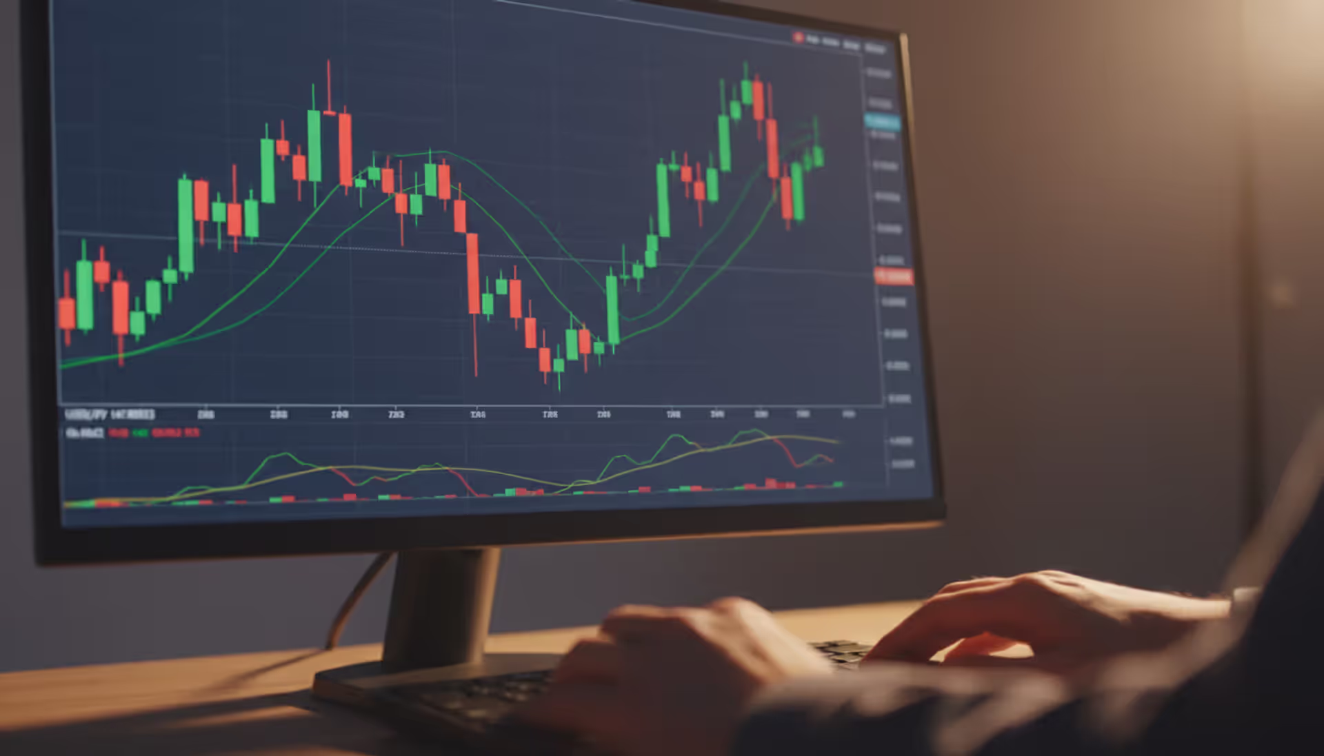 Close-up of a forex trading terminal screen showing candlestick chart with currency pair quotes and a trader's hands on keyboard