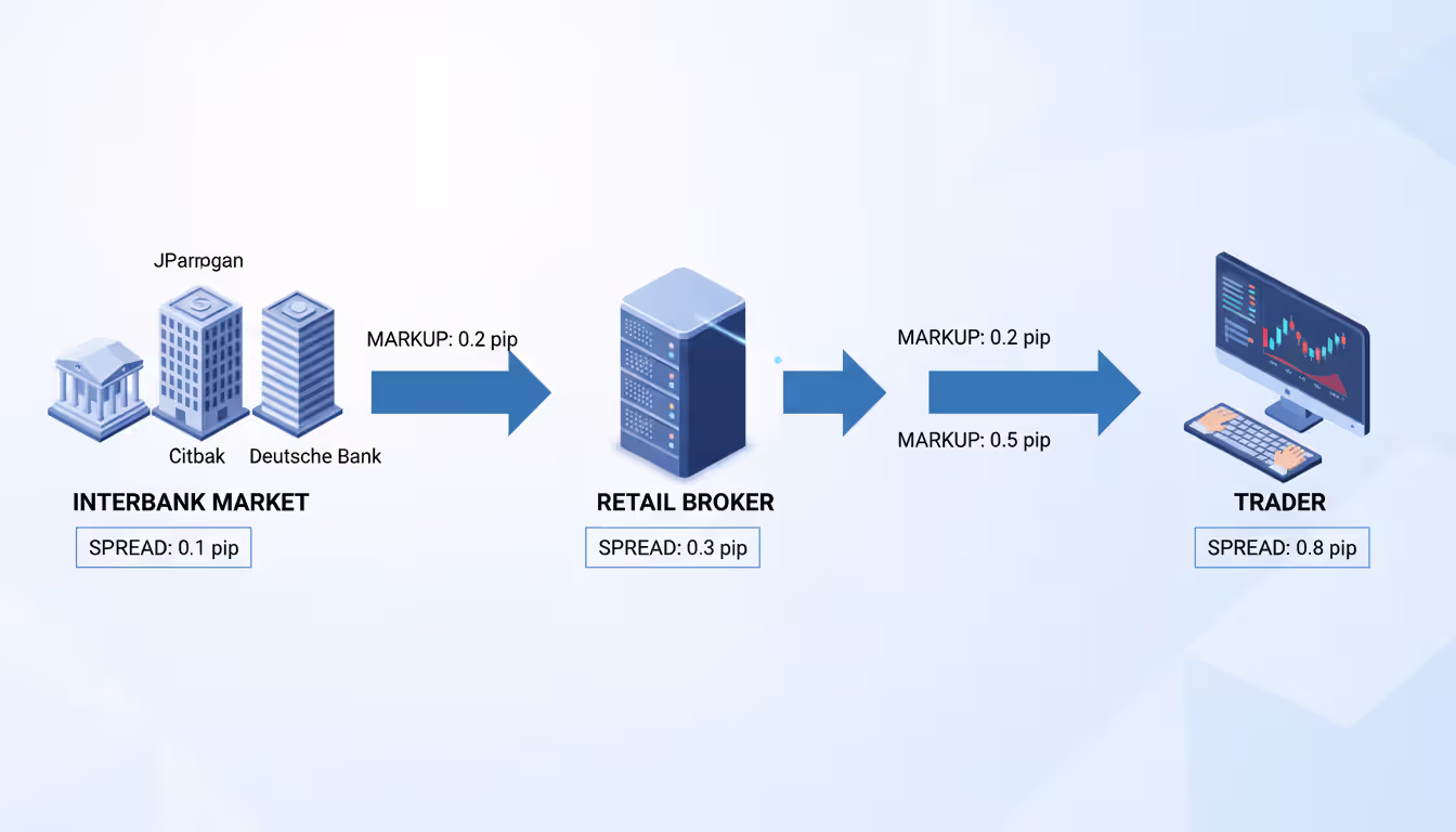 Infographic showing forex price chain from interbank banks through retail broker to trader screen with increasing spread markup at each stage
