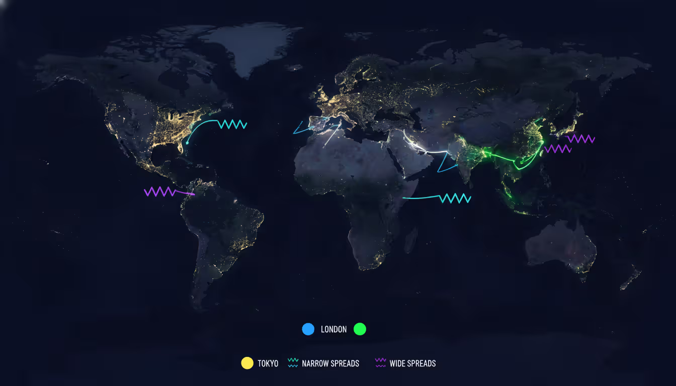 Dark world map highlighting Tokyo, London and New York trading sessions with overlap zones showing tight spreads and gap zones showing wide spreads