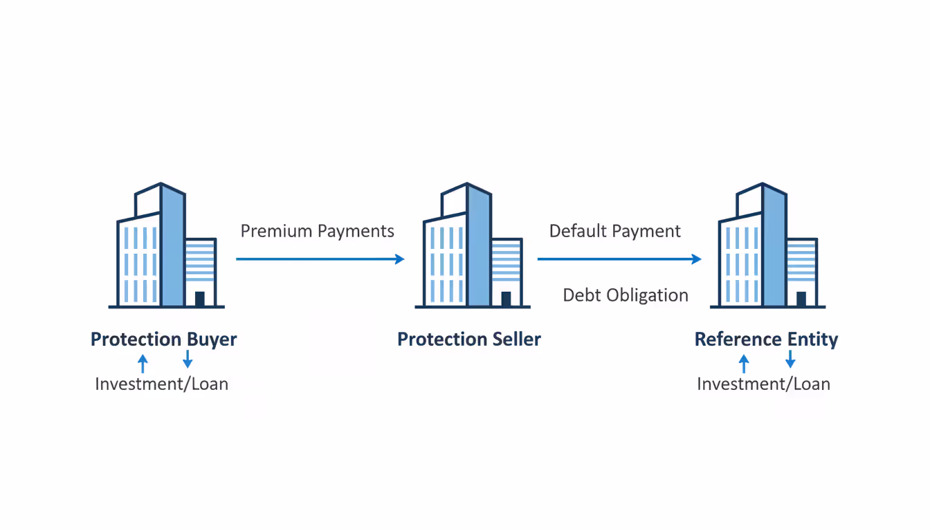 Infographic diagram showing CDS mechanism with three parties — protection buyer, protection seller, and reference entity — connected by arrows indicating premium payments and default payment flows