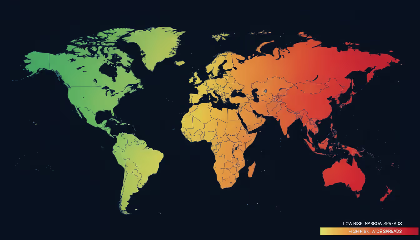 Stylized world map with countries highlighted in a gradient from green representing low CDS spreads to dark red representing high CDS spreads showing global credit risk distribution