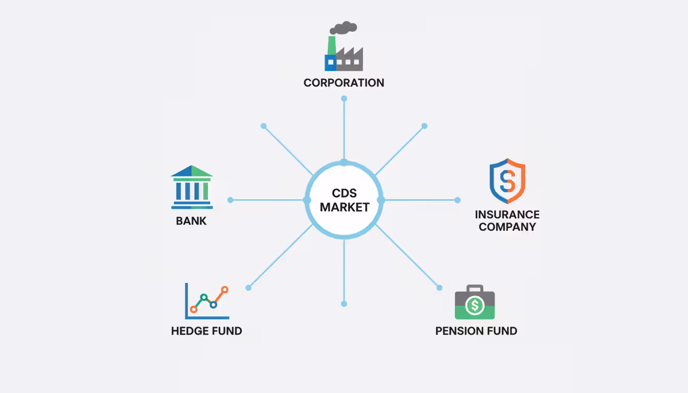 Infographic showing the CDS market ecosystem as a central hub connected to icons representing banks, hedge funds, insurance companies, pension funds, and corporations as market participants