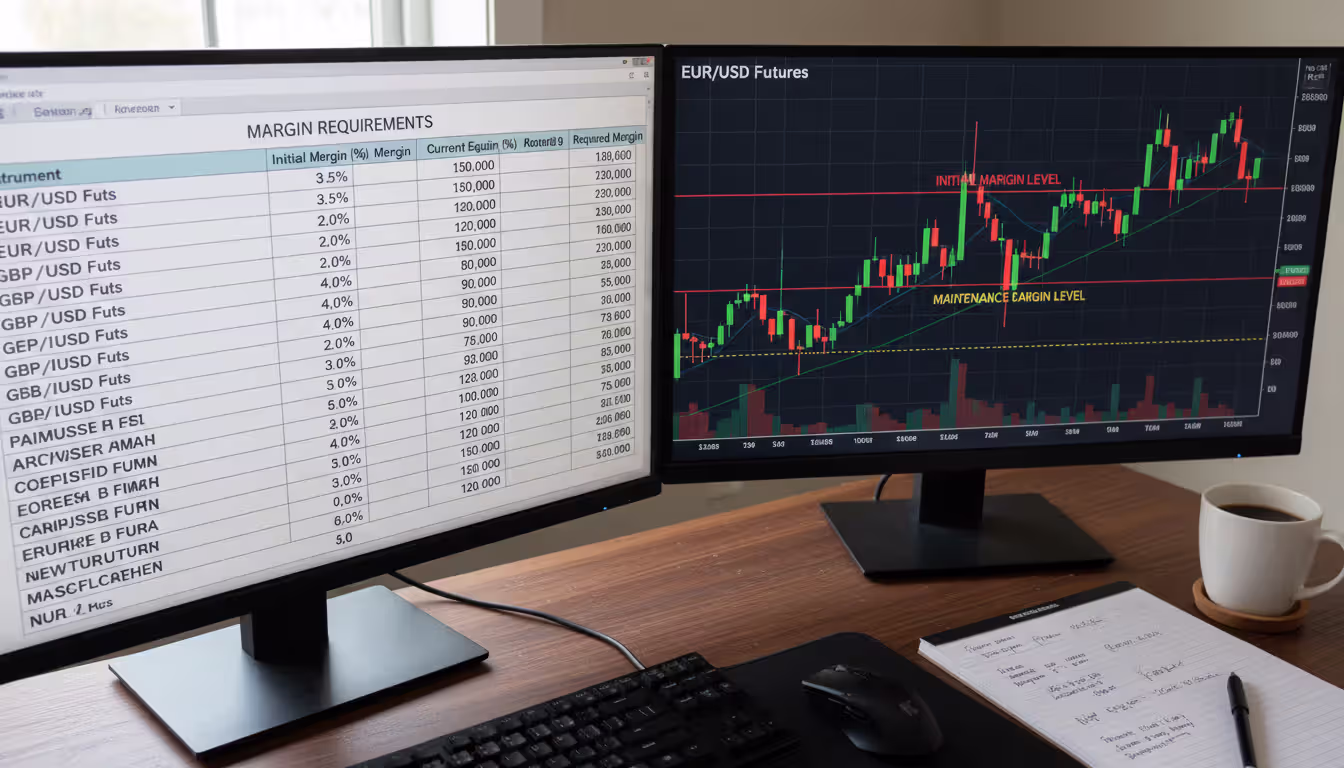Trader desk with two monitors showing margin requirement table and currency futures price chart with initial and maintenance margin levels marked