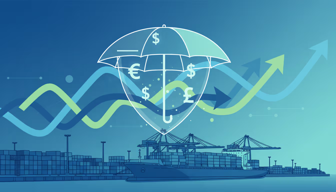 Conceptual illustration of currency hedging showing a container ship at port protected by a transparent shield with euro dollar and pound symbols against fluctuating exchange rate arrows