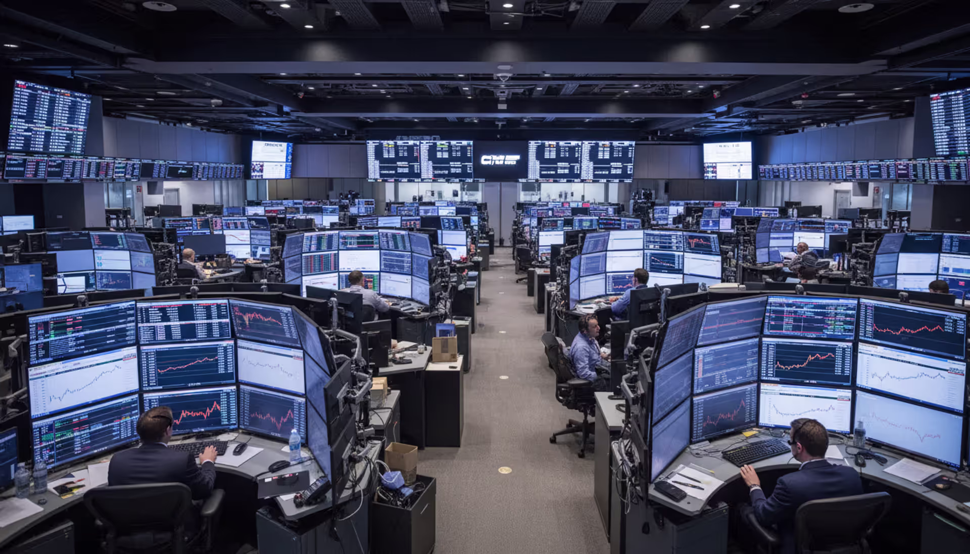 CME trading floor with multiple monitors displaying currency pair charts and price quotes in a professional trading environment