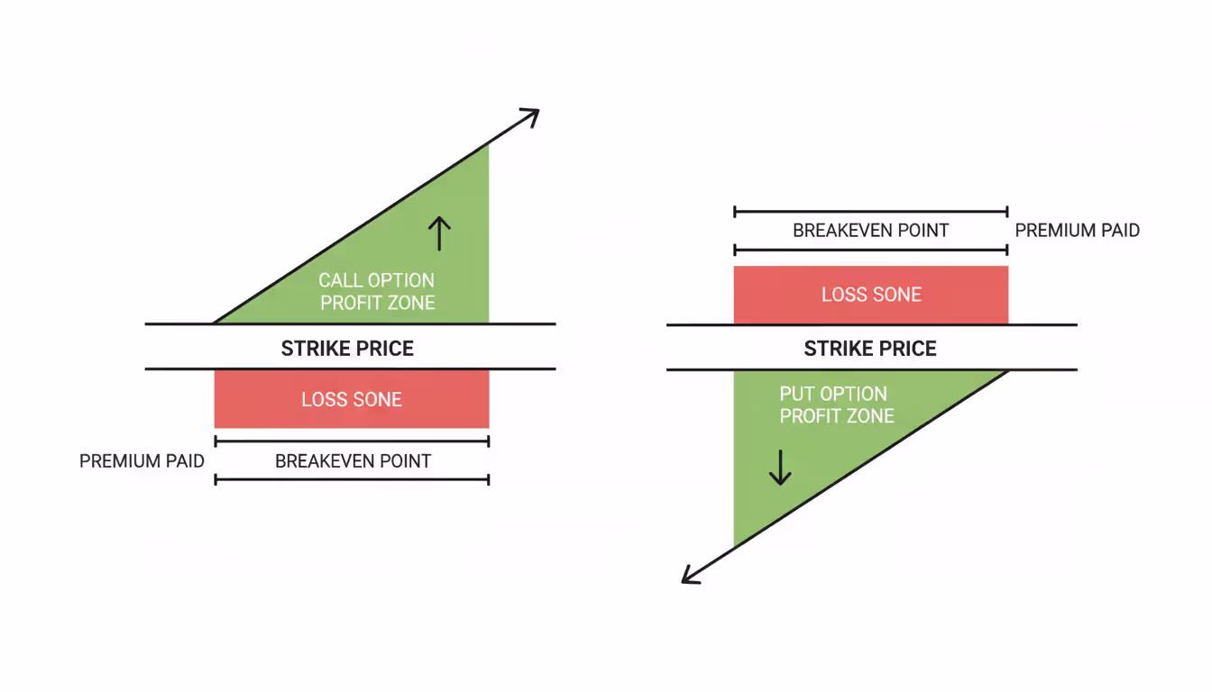 Infographic diagram showing call and put option payoff mechanics with labeled strike price, premium, breakeven, profit zone and loss zone