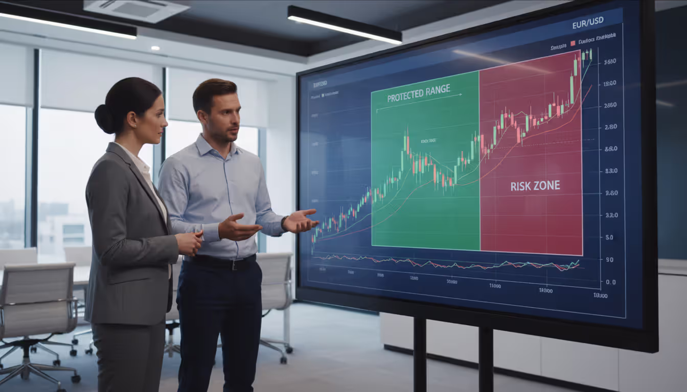 CFO and analyst reviewing EUR/USD hedging zones on a large screen in a modern corporate meeting room