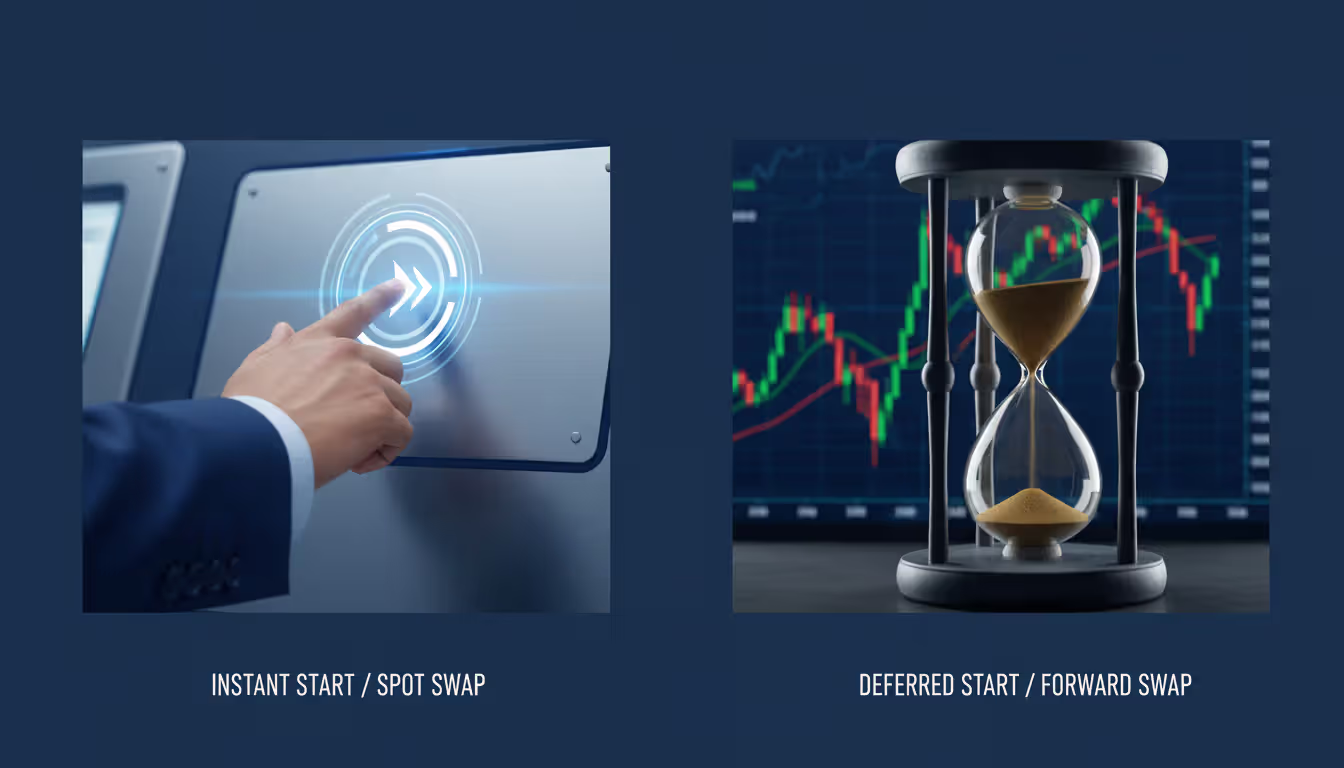Split-screen comparison: left side shows a hand pressing a start button symbolizing spot swap immediate execution, right side shows an hourglass in front of yield curve charts symbolizing forward swap delayed activation
