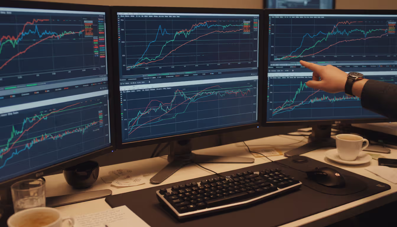 Derivatives trader's desk with multiple monitors displaying yield curves and interest rate charts, a hand pointing at the divergence between forward and spot rate curves