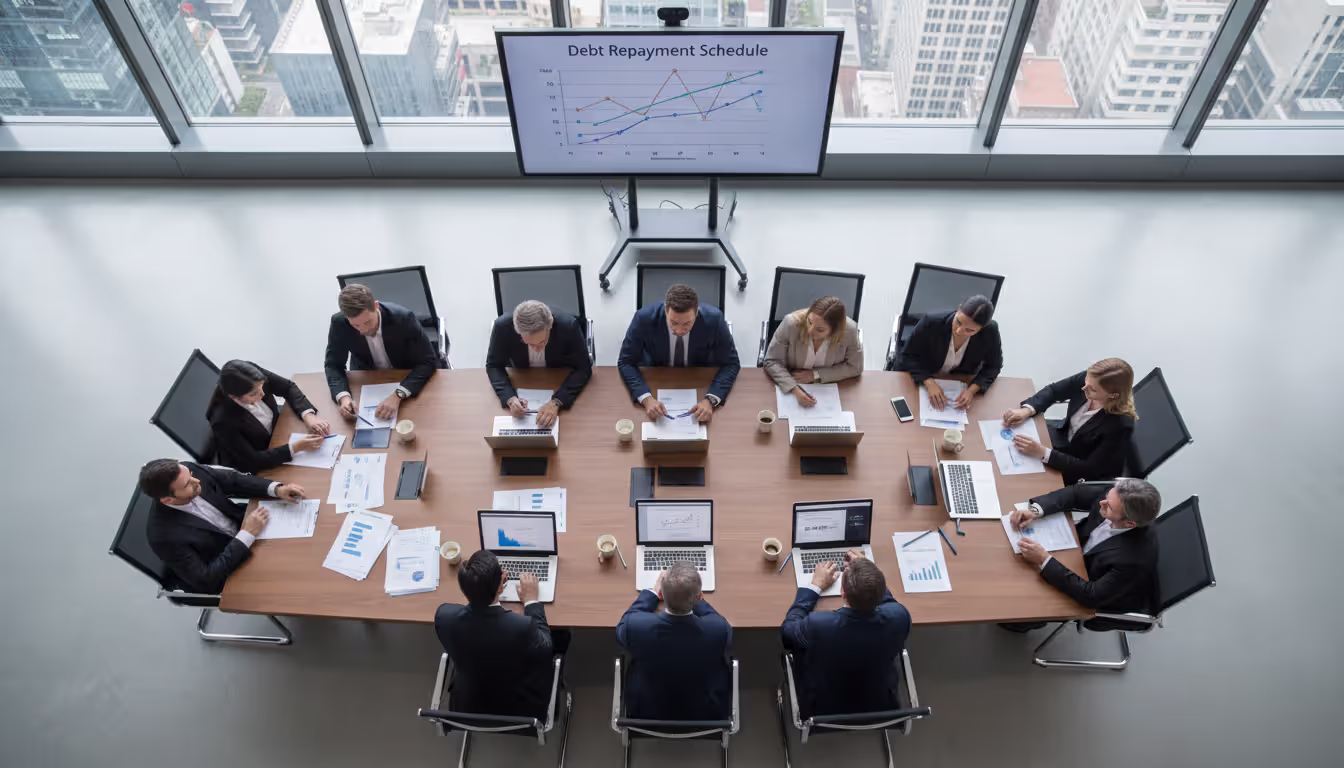 Overhead view of a corporate conference room with a finance team discussing strategy around a large table with laptops, documents, and a screen showing a debt maturity schedule chart