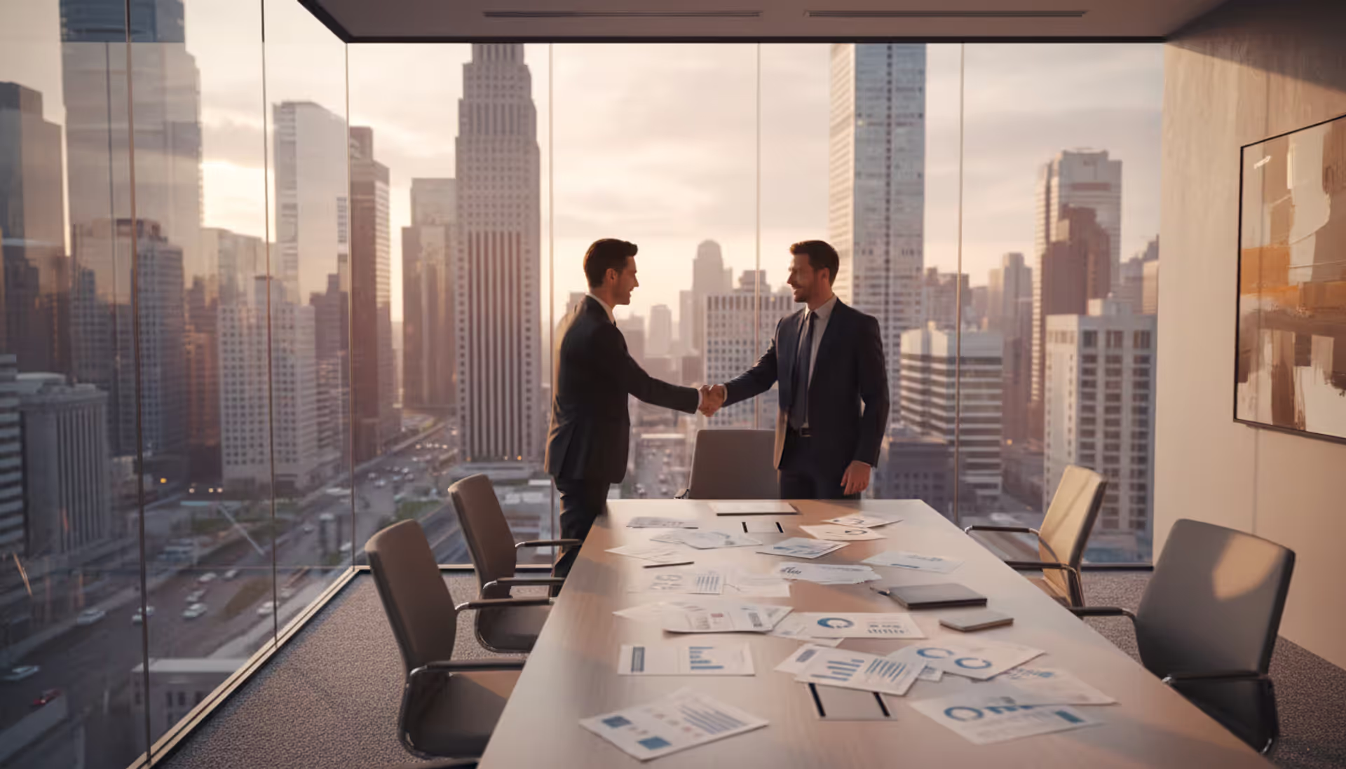 Two businessmen shaking hands in a modern glass-walled corporate office with financial documents on the table and a city skyline with skyscrapers visible through the window