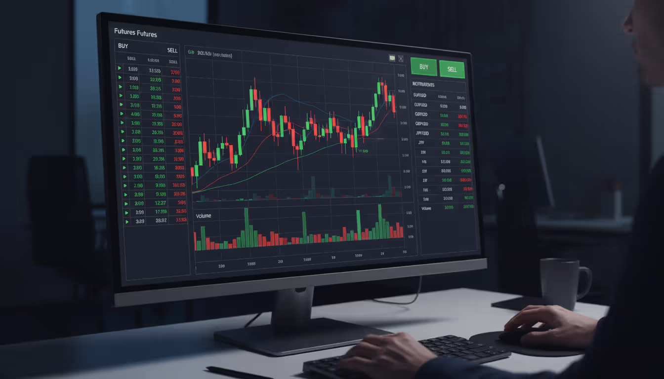 Electronic futures trading platform interface showing order book, currency futures tickers, candlestick charts, and buy-sell buttons on dark background