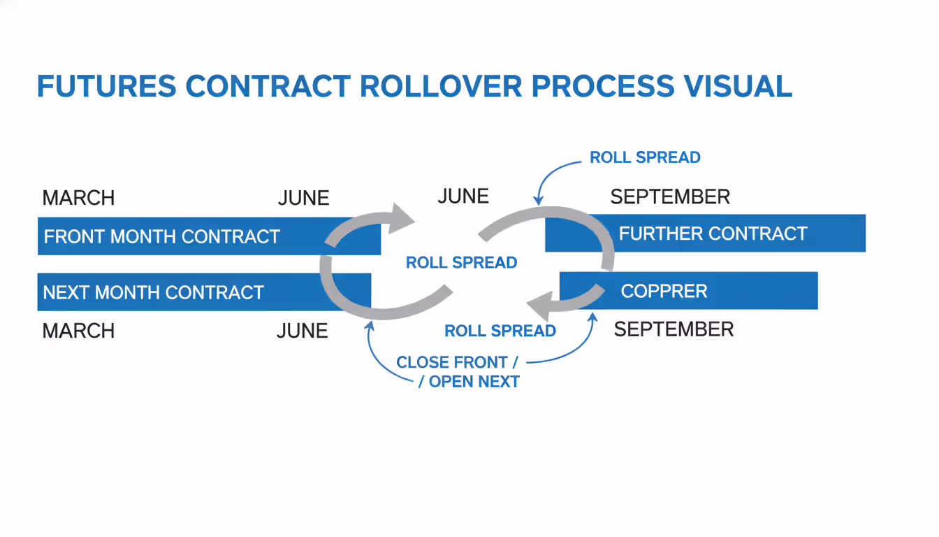 Timeline diagram illustrating futures contract rolling process across quarterly expirations with arrows showing position close and reopen and roll spread indicator
