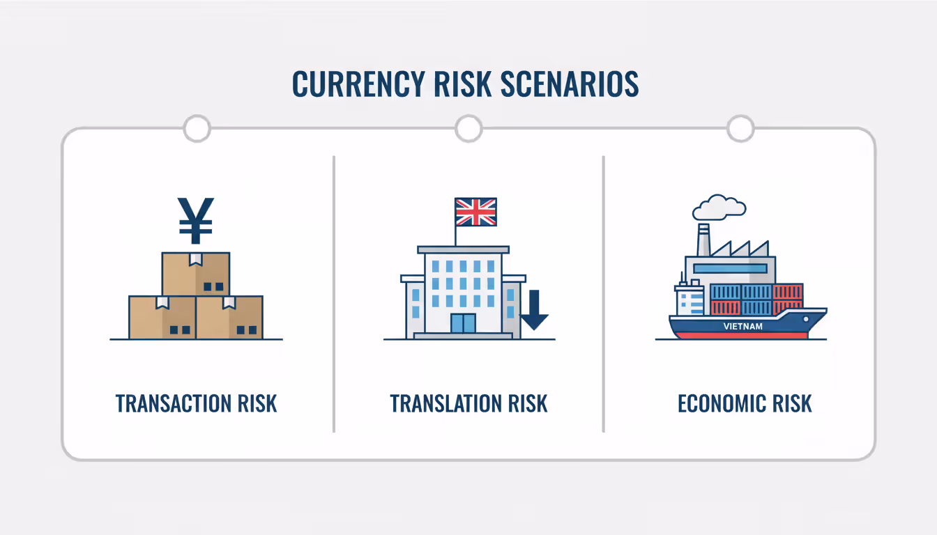 Infographic showing three types of currency risk transaction translation and economic exposure with flat icons of cargo boxes office building and factory