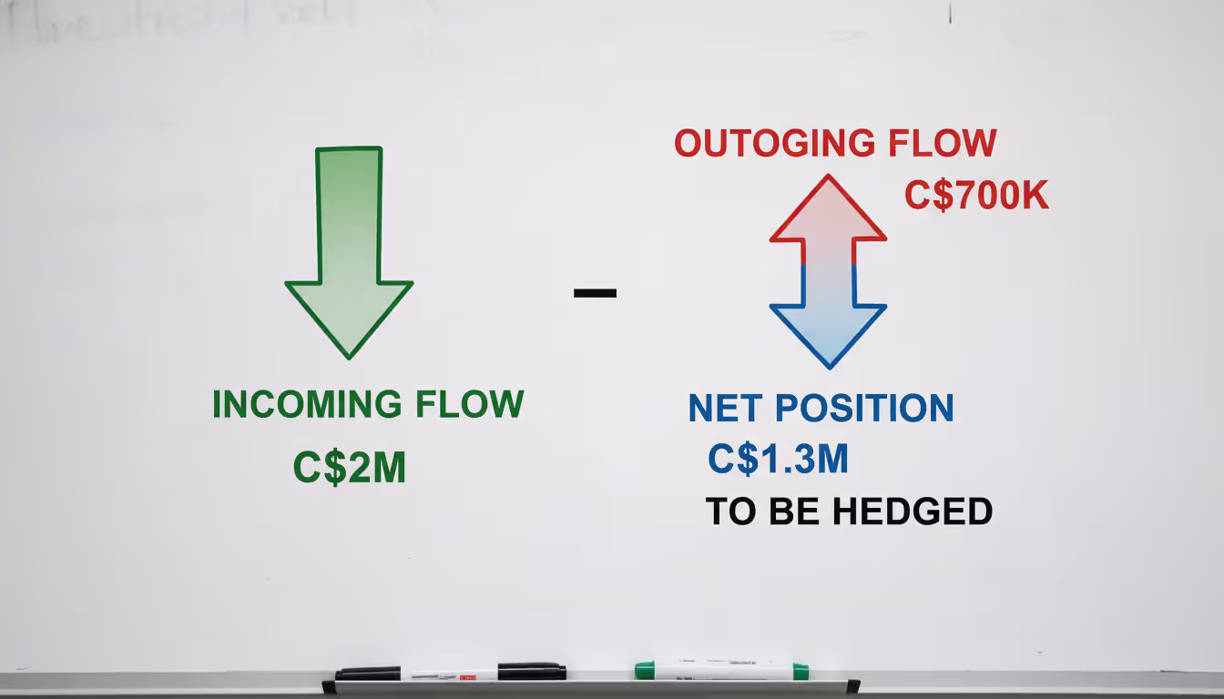 Visual explanation of currency netting process showing incoming 2 million and outgoing 700 thousand Canadian dollars resulting in net 1.3 million hedge position