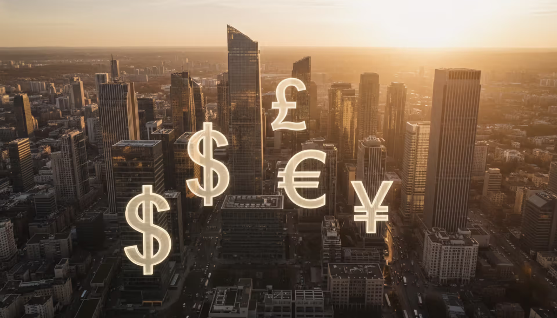 Glowing currency symbols of dollar euro pound and yen floating among modern glass skyscrapers at golden hour representing global foreign exchange