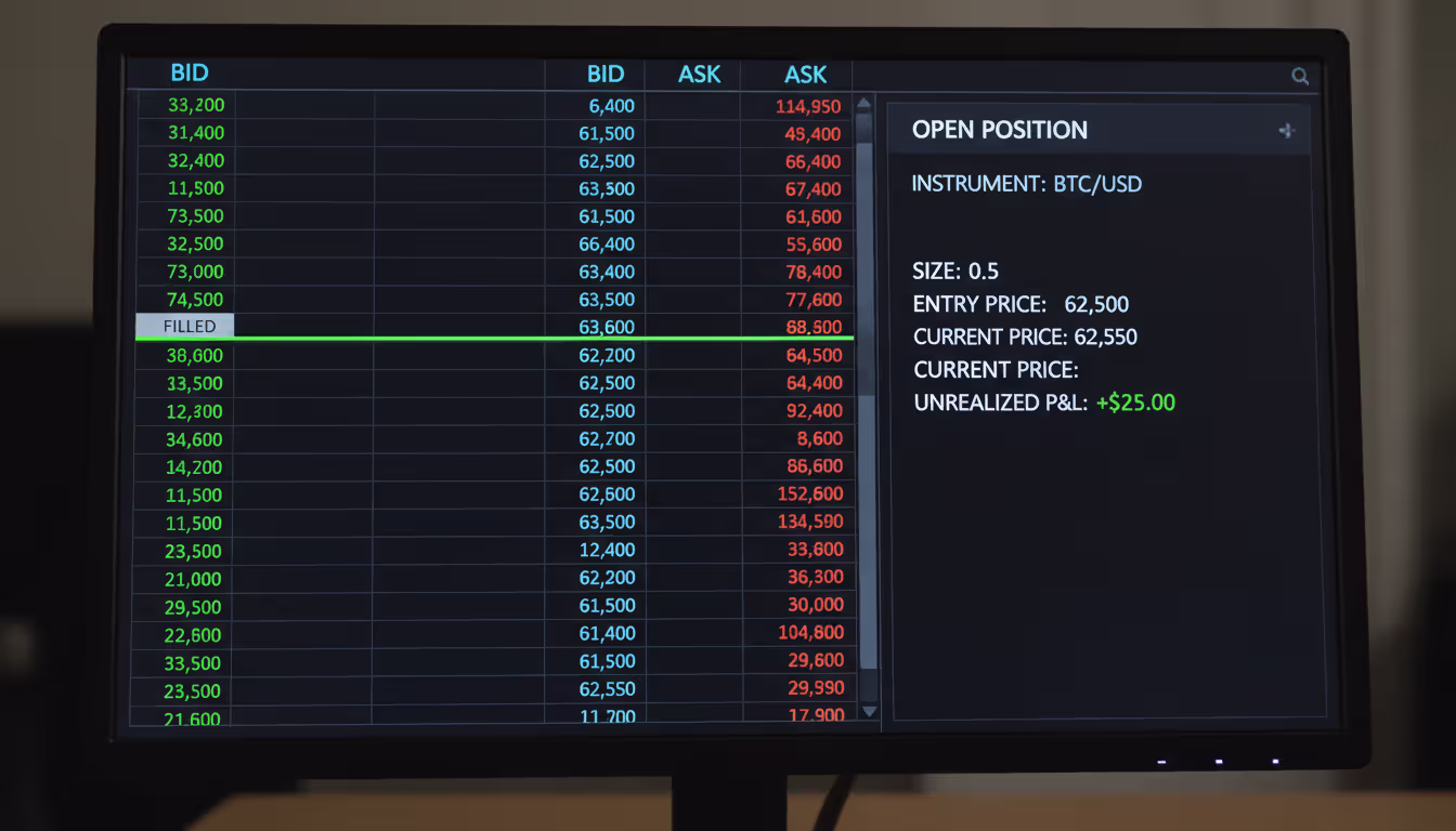 Close-up of a futures trading platform screen showing order ladder with bid-ask levels and an open position panel with unrealized profit and loss