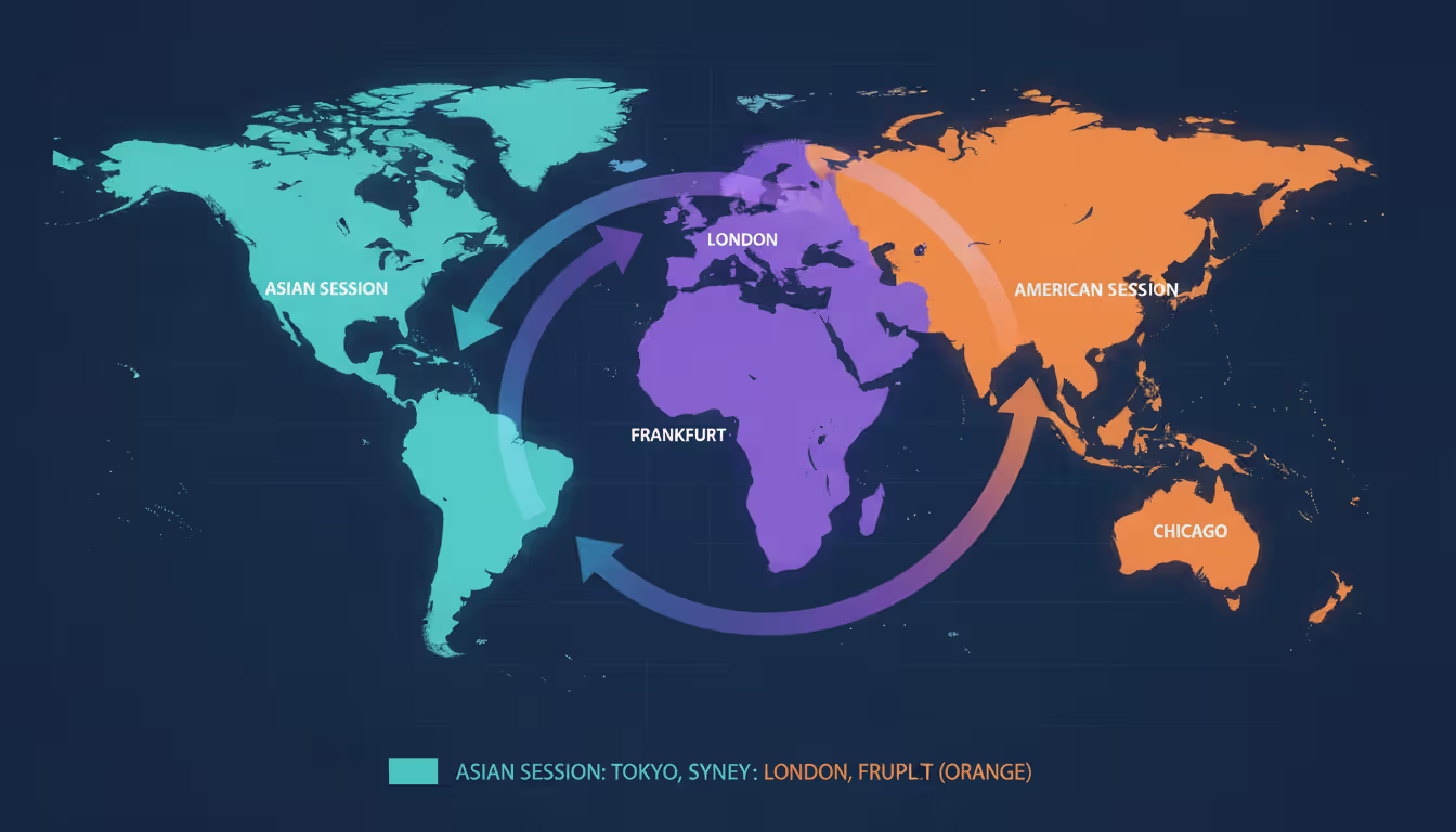 World map highlighting three major currency futures trading sessions — Asian, European, and American — with color-coded time zones and liquidity flow arrows