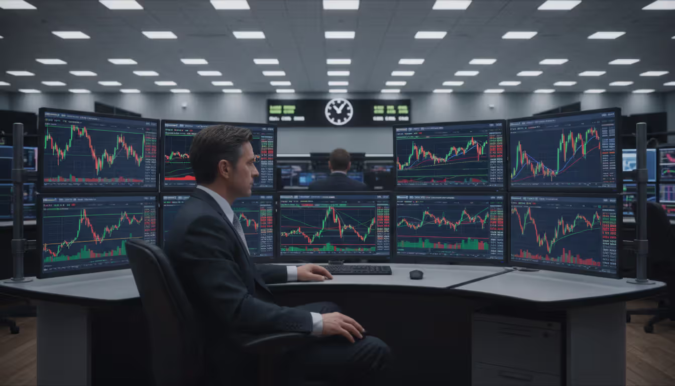Professional trader at a multi-monitor trading desk in a bank dealing room analyzing currency pair charts and interest rate curves