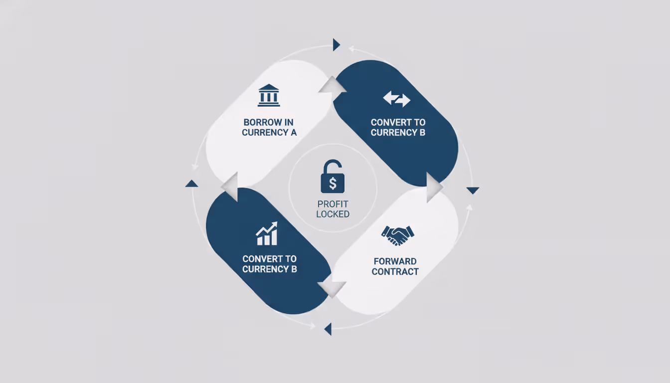 Infographic showing four interconnected steps of covered interest arbitrage in a circular flow diagram with a lock symbol in the center representing locked-in profit