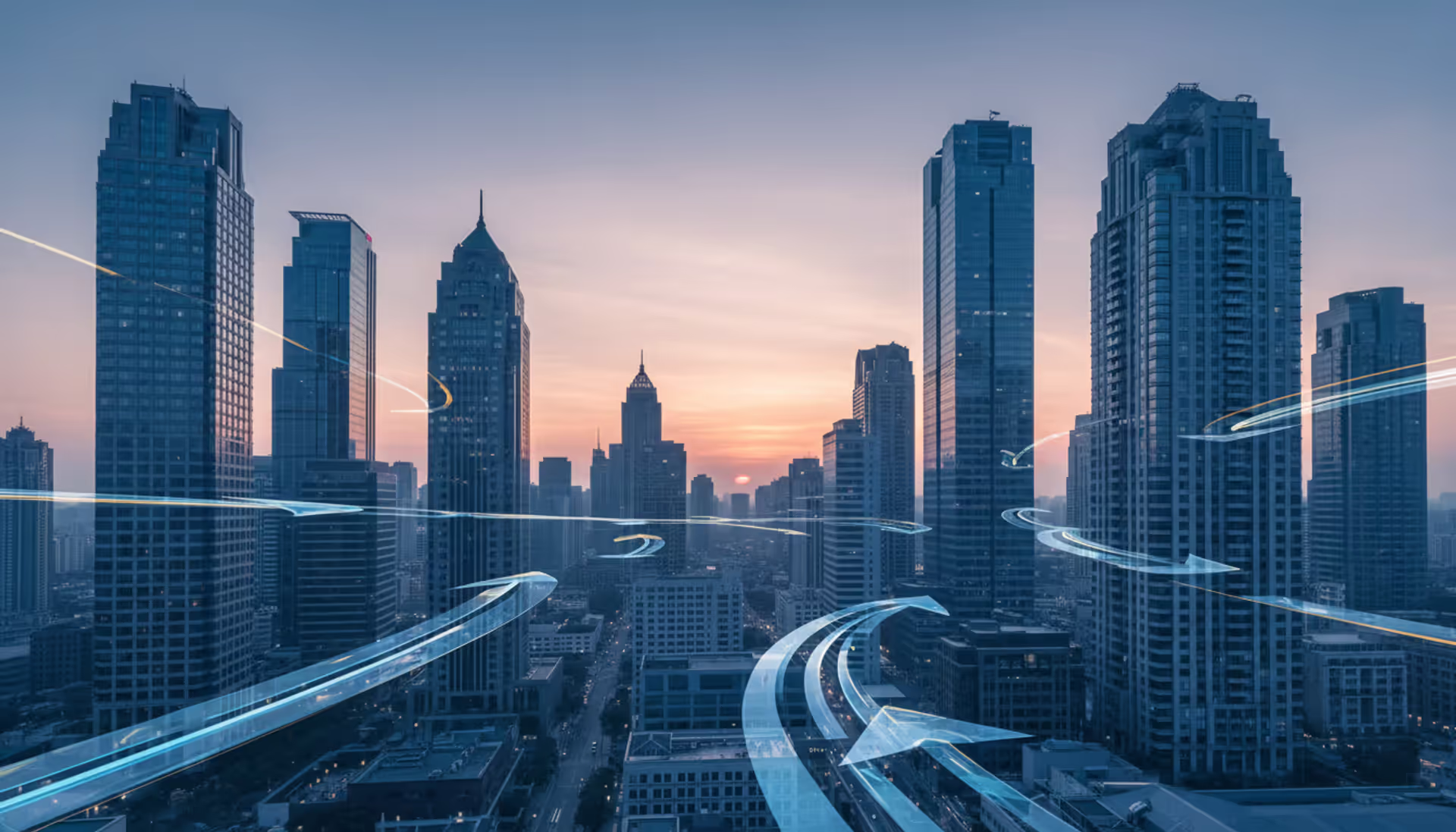 Panoramic view of a modern financial district skyline at sunrise with stylized transparent arrows representing international capital flows between bank buildings