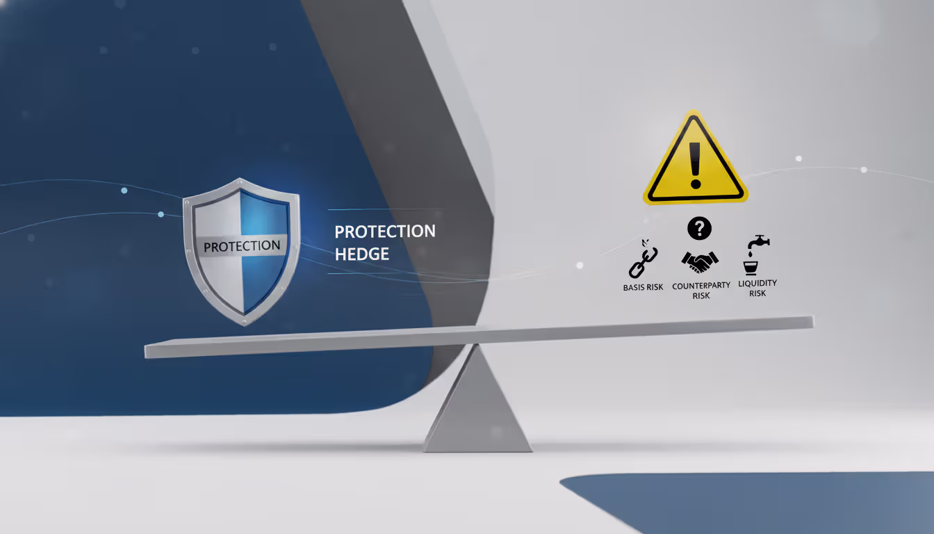 Balancing scale illustration with a shield symbol on one side and warning risk icons on the other representing hedging trade-offs
