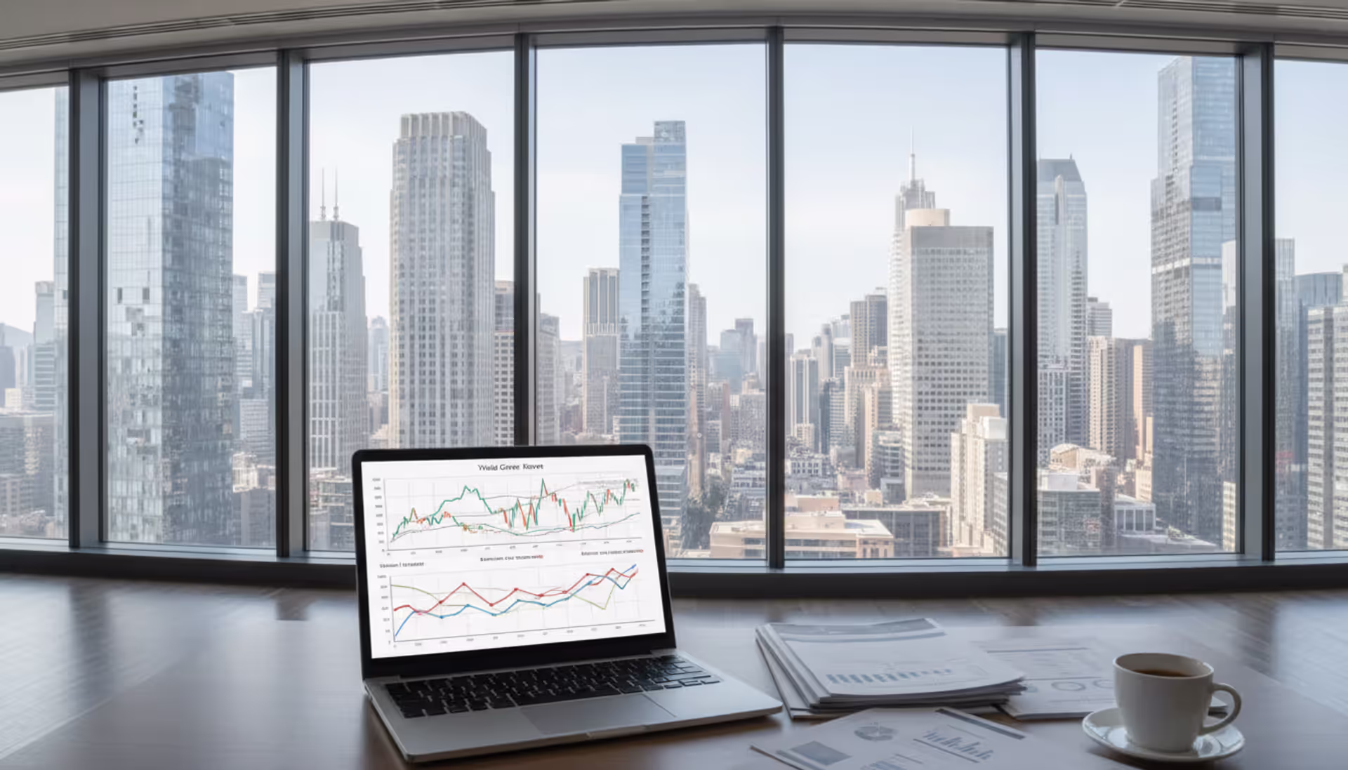 Corporate office desk with laptop showing interest rate yield curve charts, financial district skyline visible through panoramic windows