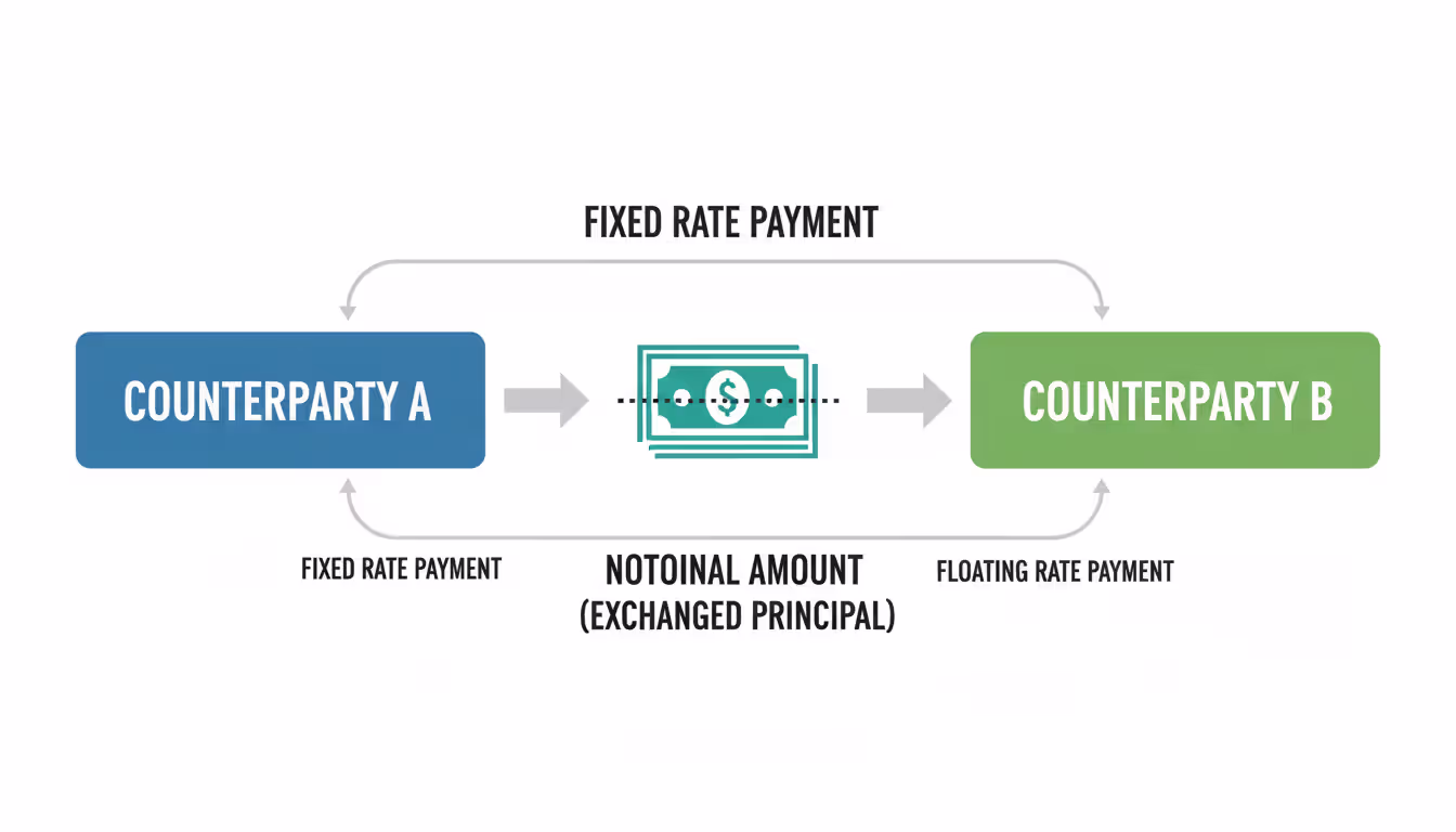 Infographic showing OIS swap mechanism with two counterparties exchanging fixed and floating rate payment flows around a notional principal