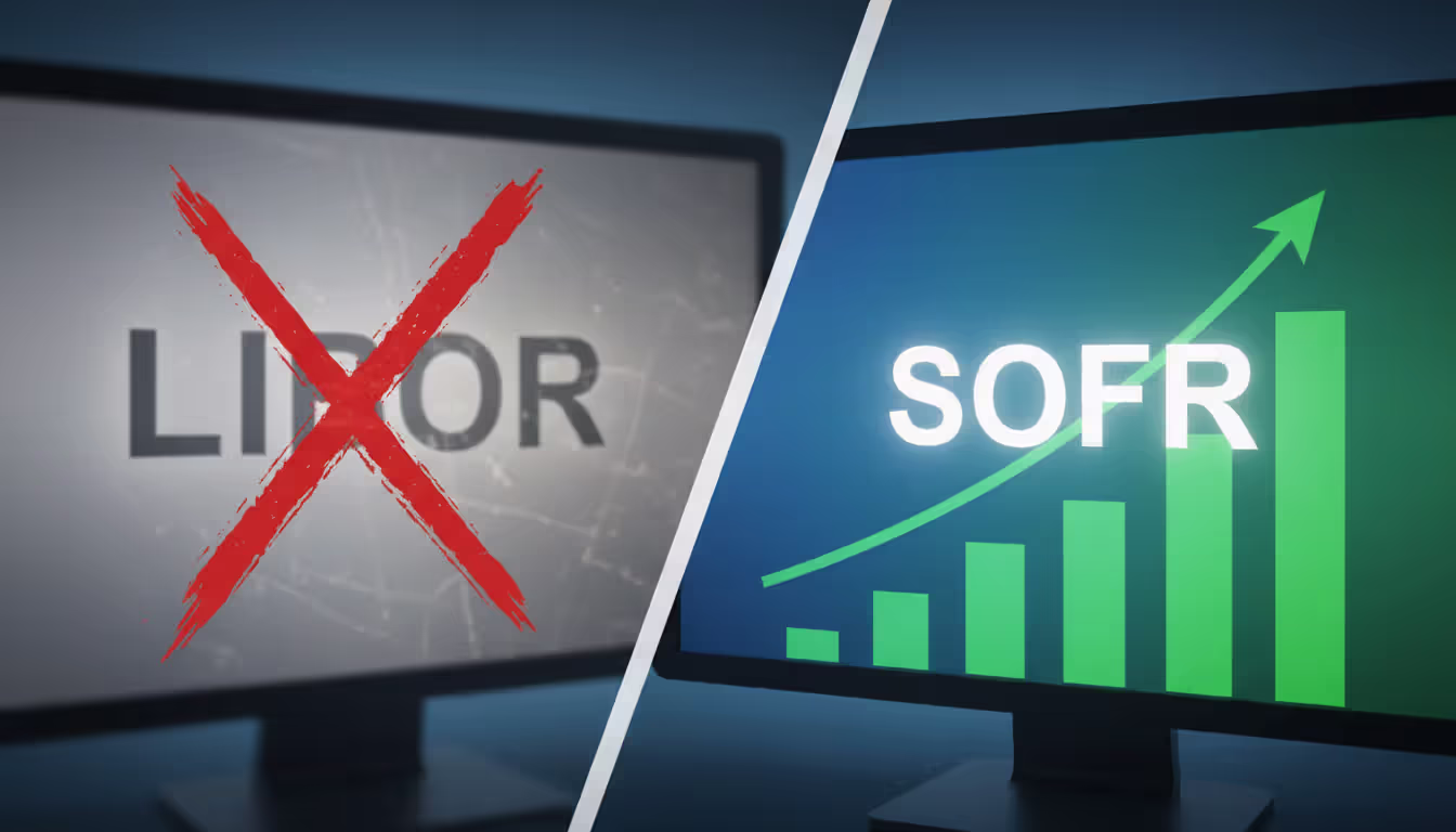 Split-screen comparison showing faded LIBOR label with X mark on left and bright SOFR trading volume bar chart on right symbolizing benchmark transition