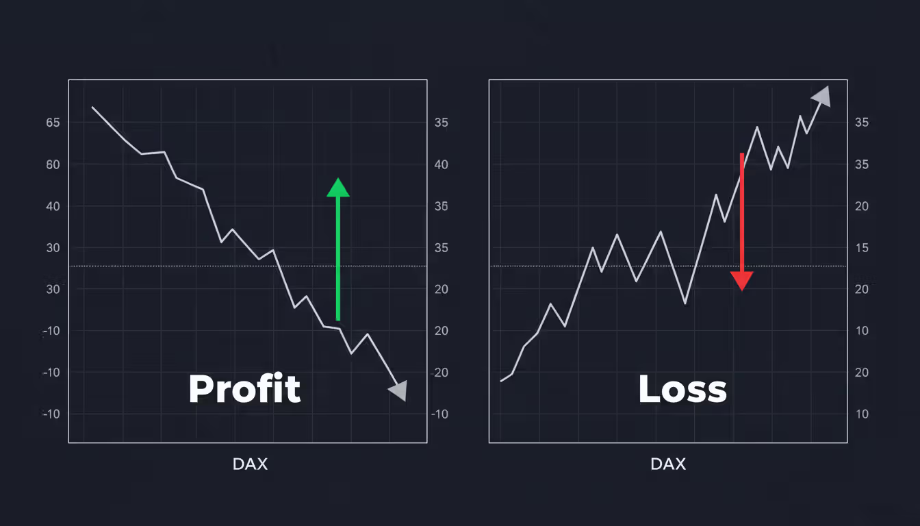 Two side-by-side line charts on dark background showing short trade outcomes on DAX index, left chart with downward price movement and green profit arrow, right chart with upward price movement and red loss arrow