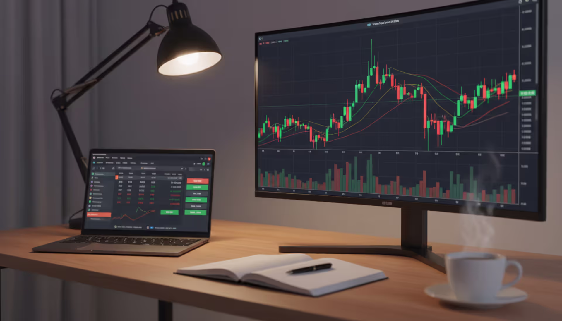 Trader workspace with a large monitor displaying a candlestick stock index chart, laptop with trading platform, coffee cup and notebook on desk, warm evening lamp lighting