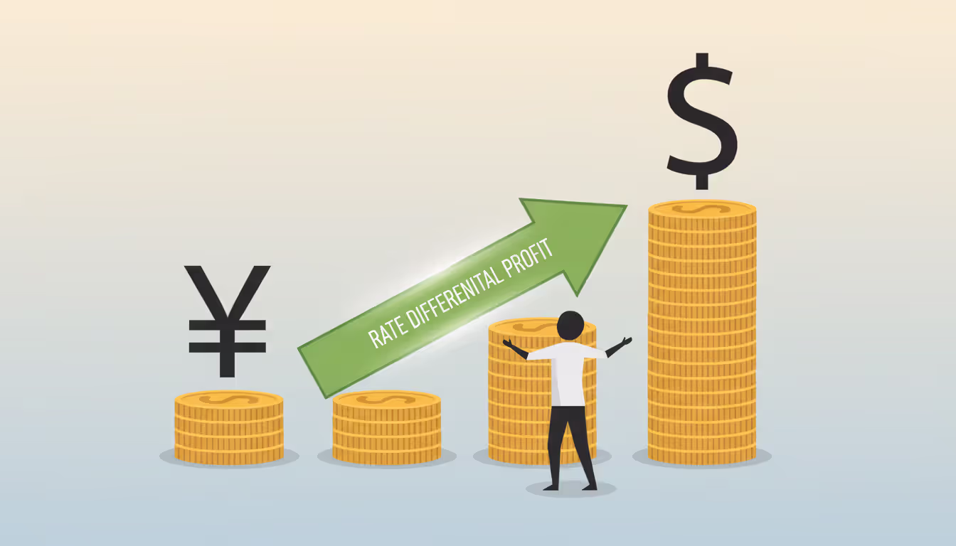 Carry trade concept illustration with stylized trader figure between low yen coin stack and tall dollar coin stack connected by upward green profit arrow