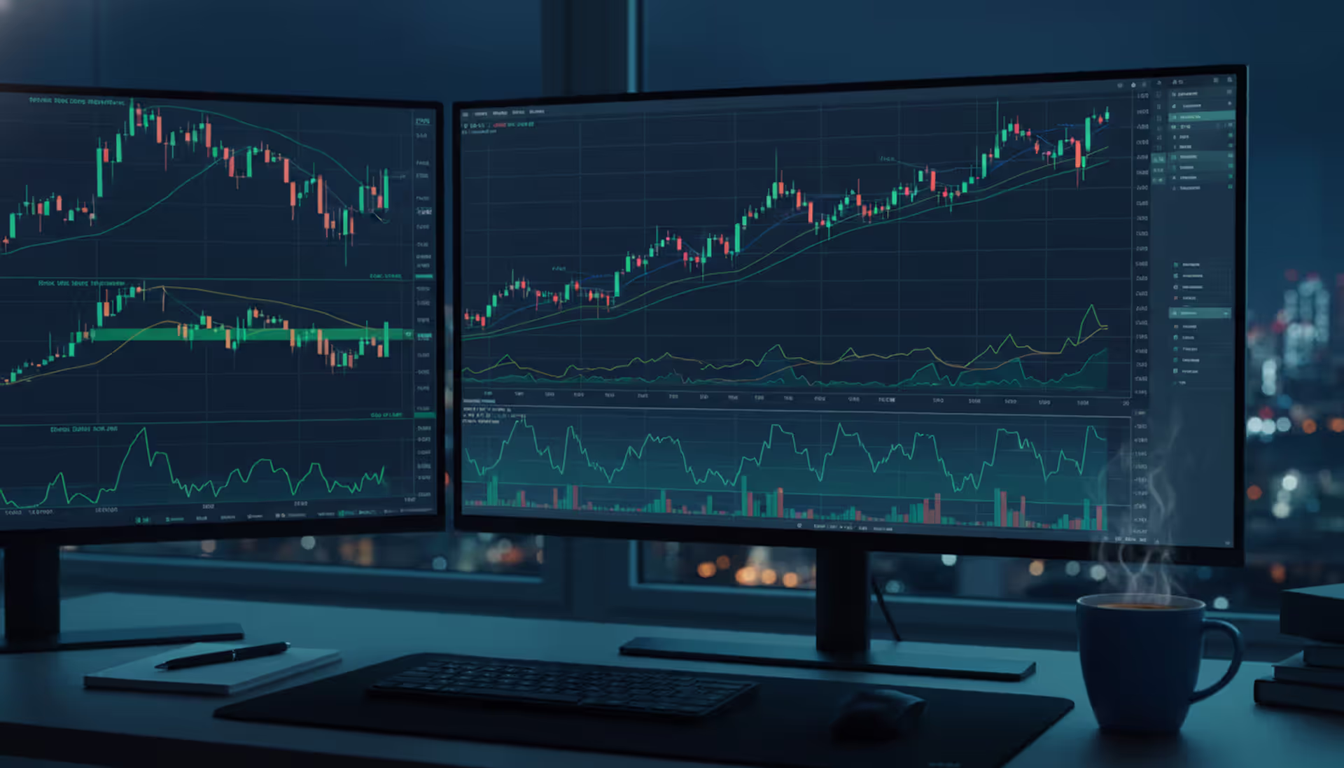 Forex trader workspace at night with two monitors showing currency pair charts and swap rate values, city lights visible through window
