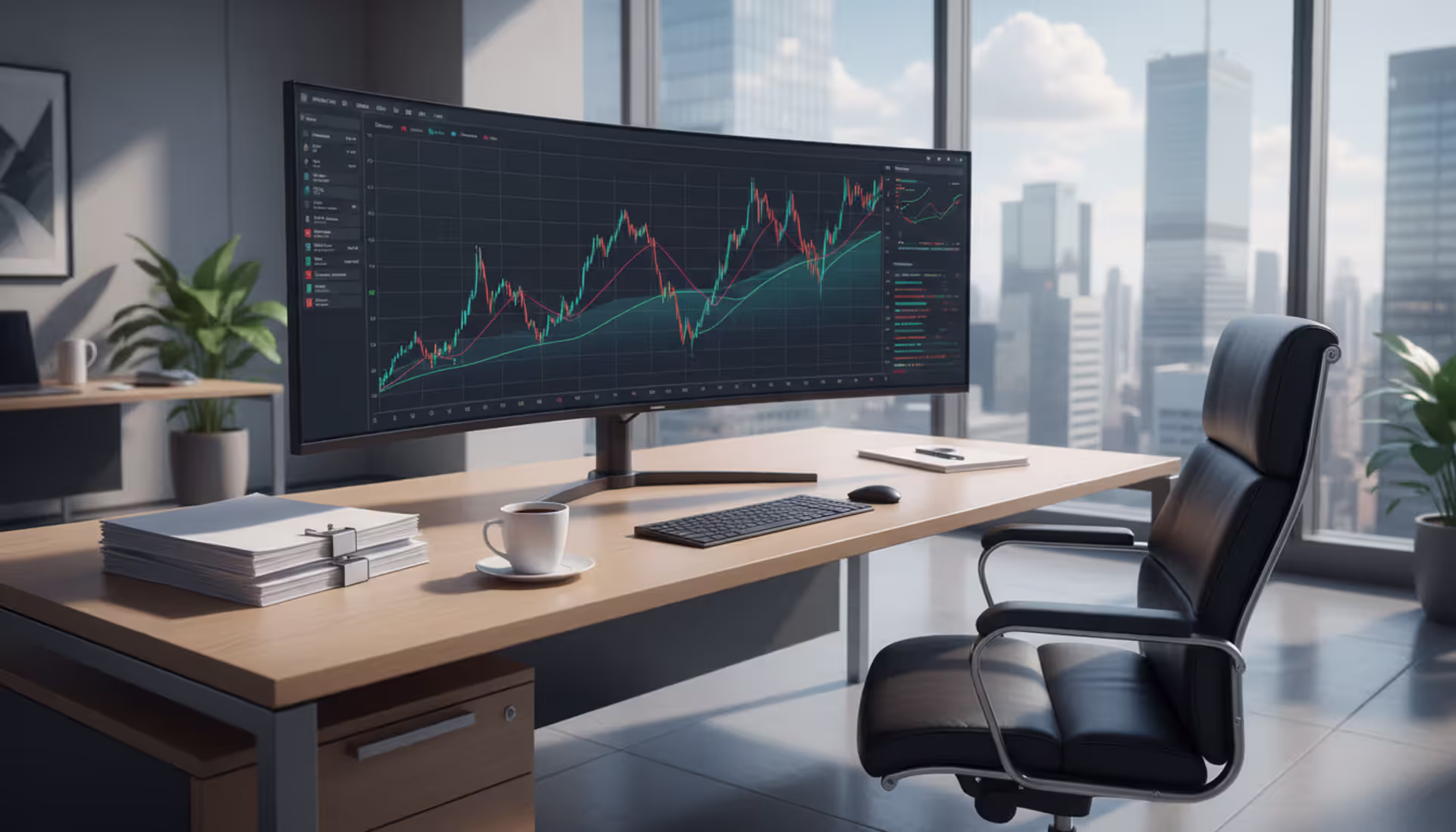 Modern finance office with a large monitor displaying a currency exchange rate line chart, documents on the desk, and a panoramic city skyline view through the window
