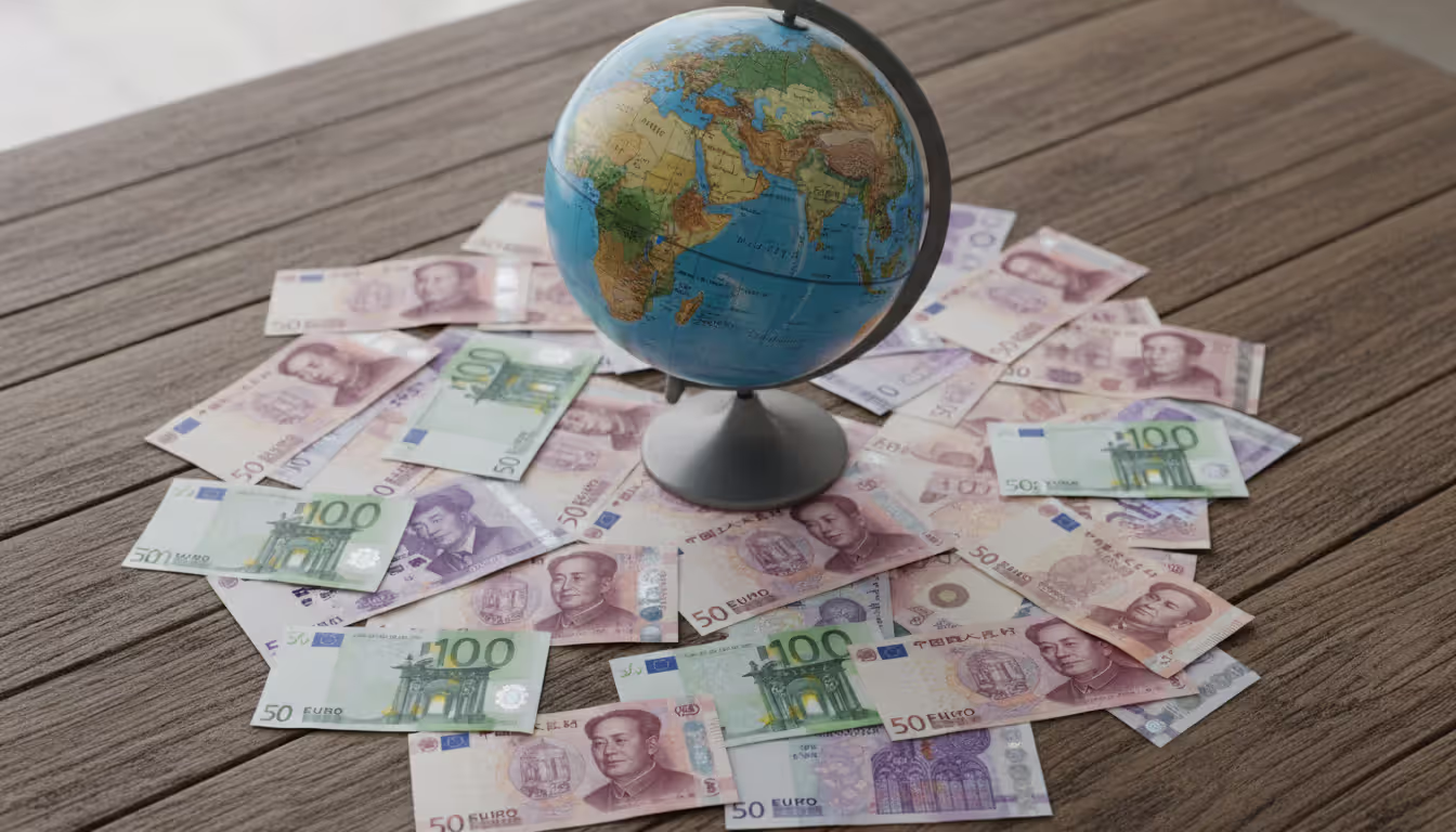 Globe on a wooden desk surrounded by various world currency banknotes including dollars euros yuan and yen seen from above