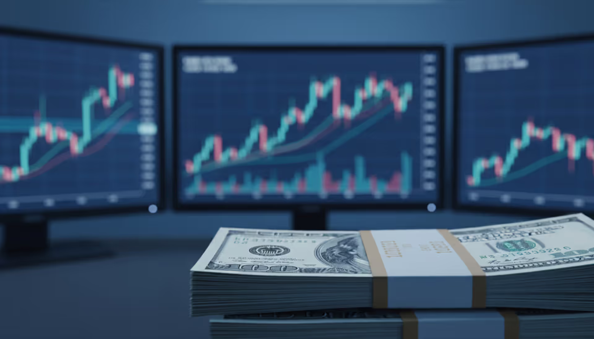 Close-up of US dollar banknotes stack with blurred currency exchange trading screens in the background under blue lighting