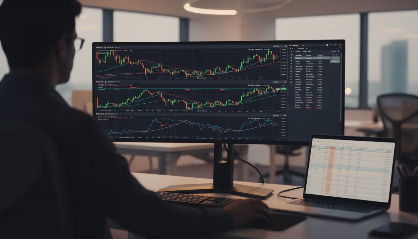 Financial analyst workspace with multiple monitors displaying currency pair charts and candlestick diagrams in a modern office