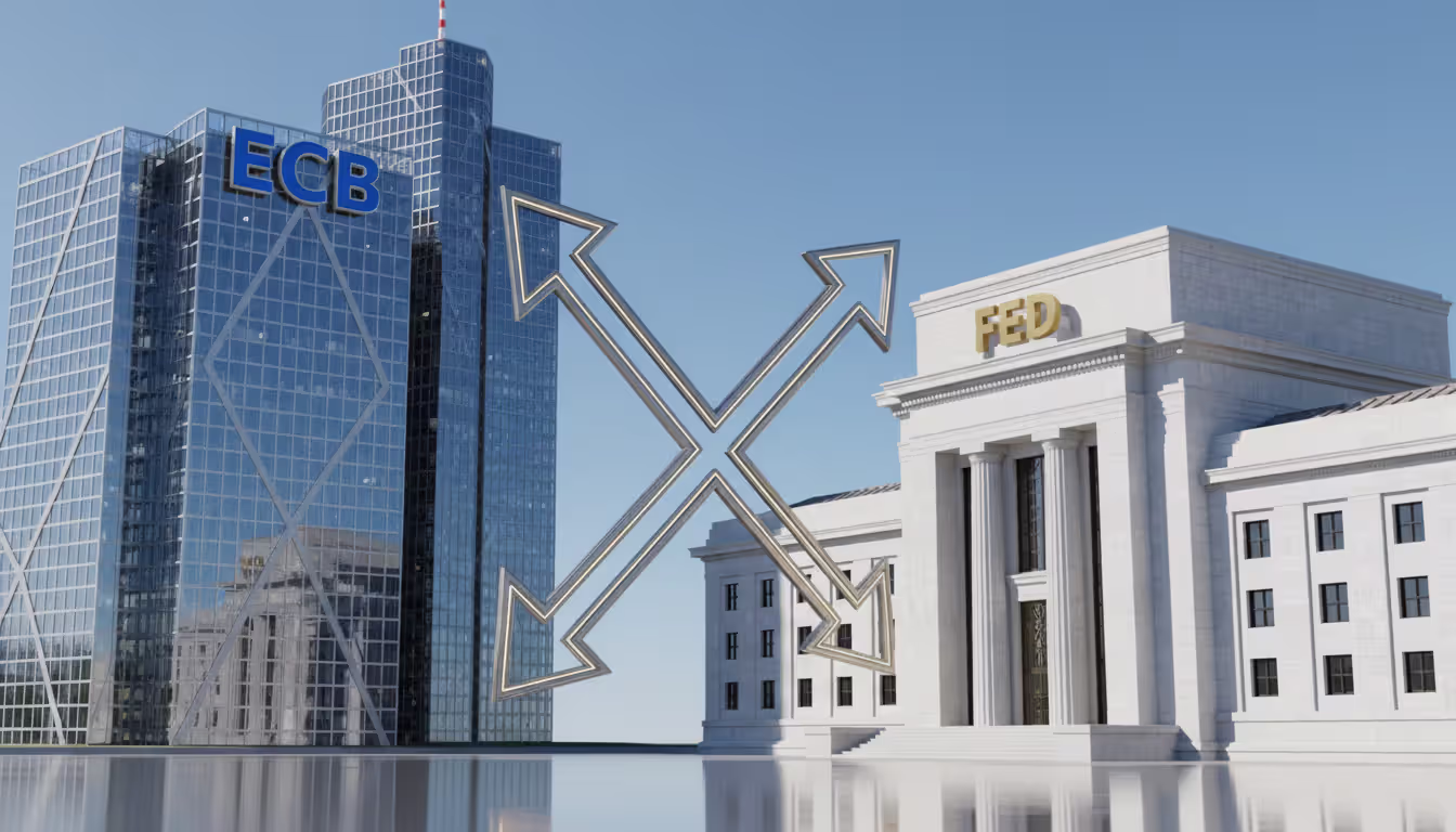 Conceptual illustration of ECB headquarters and Federal Reserve building with opposing directional arrows symbolizing monetary policy divergence