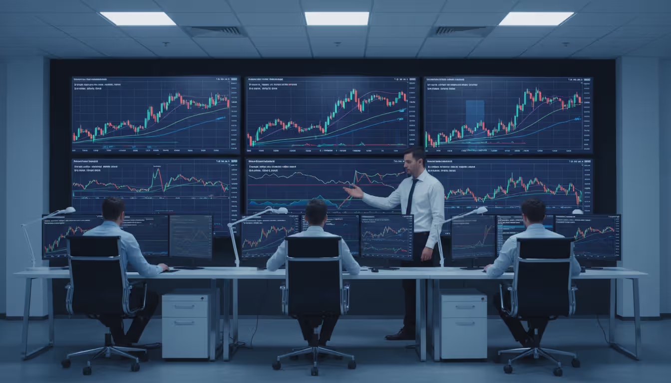 Group of traders in a modern office analyzing charts on large screens with one trader pointing at a technical analysis display