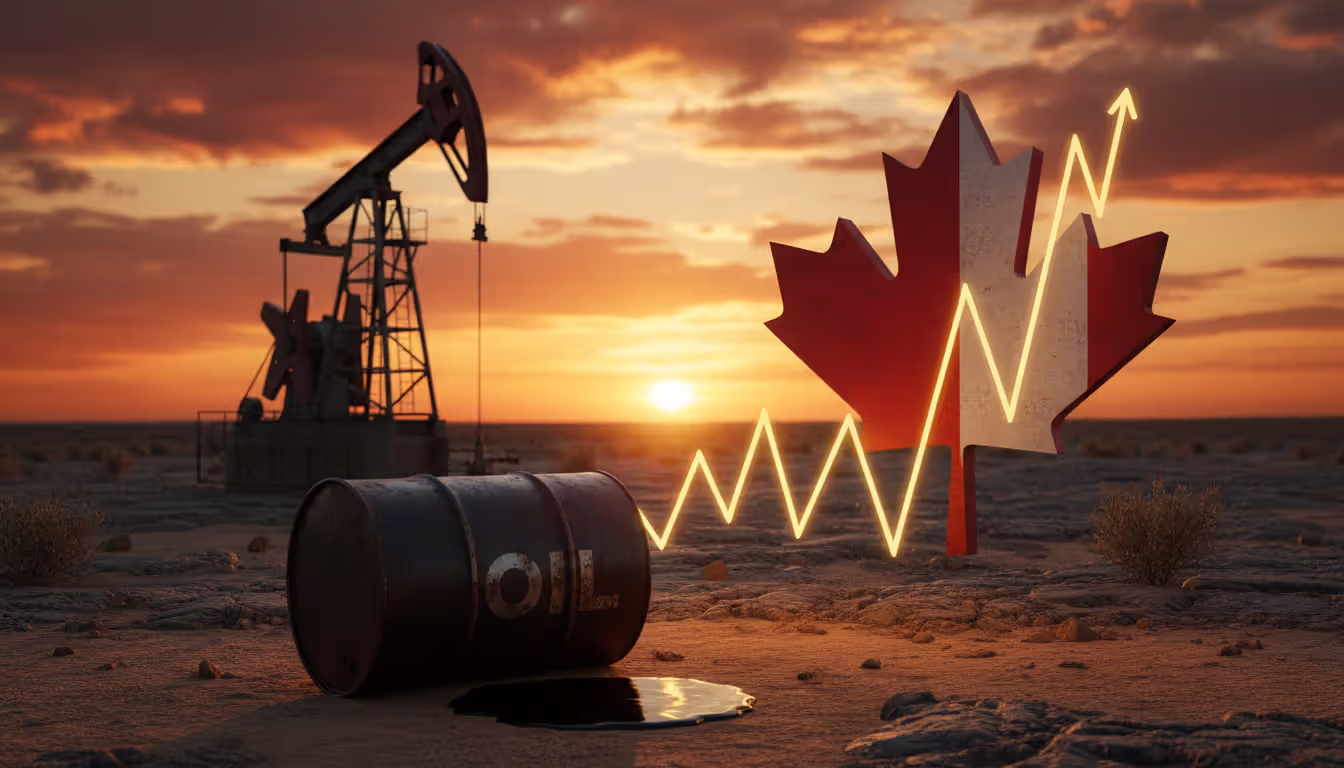Oil drilling rig at sunset with Canadian maple leaf flag symbolizing the strong correlation between crude oil prices and the Canadian dollar in forex markets